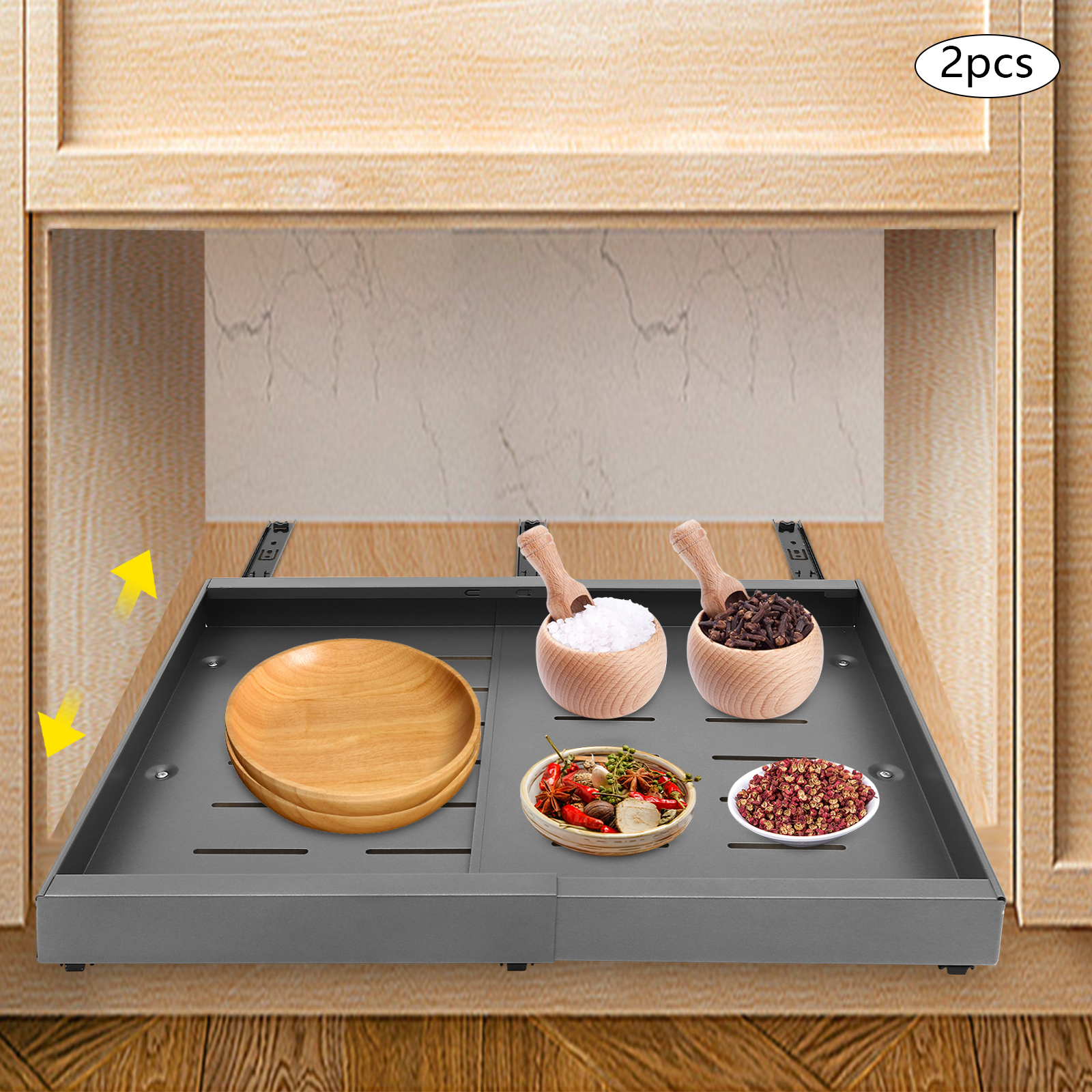 Set of 2, Telescopic drawer, Pull-out drawer for cupboards,  Load capacity: 10-15kg, For kitchens, pantries, Grey