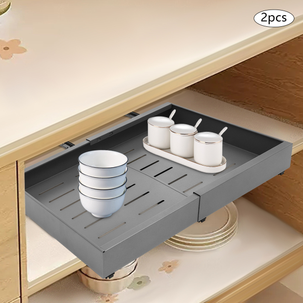 Set of 2, Telescopic drawer, Pull-out drawer for cupboards, Load capacity: 10-15kg, For kitchens, pantries, Grey Set of 2, Telescopic drawer, Pull-out drawer for cupboards, Load capacity: 10-15kg, For kitchens, pantries, Grey