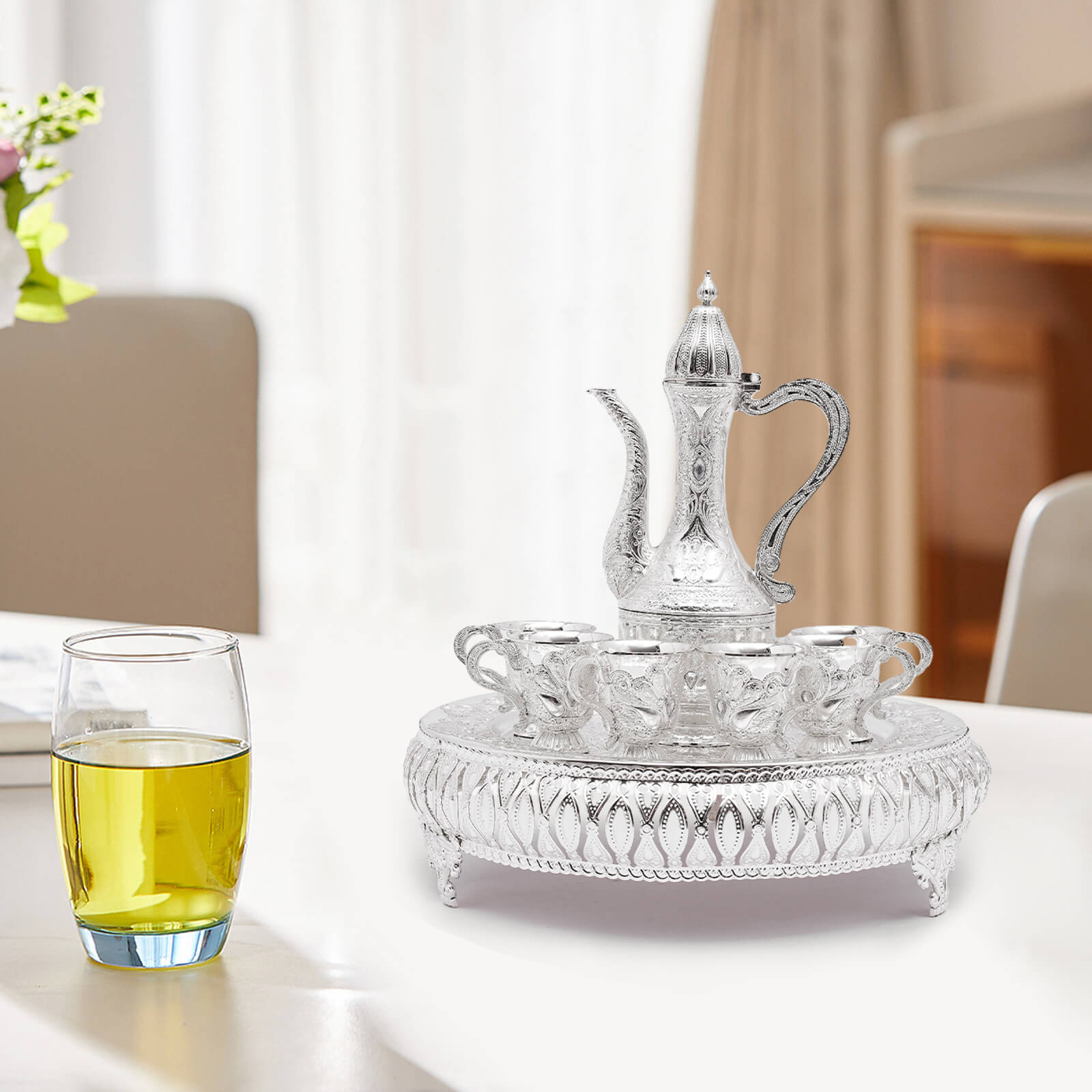 Coffee cup and teapot set, tea service set for tea table decoration, silver, with one pot and six cups Coffee cup and teapot set, tea service set for tea table decoration, silver, with one pot and six cups
