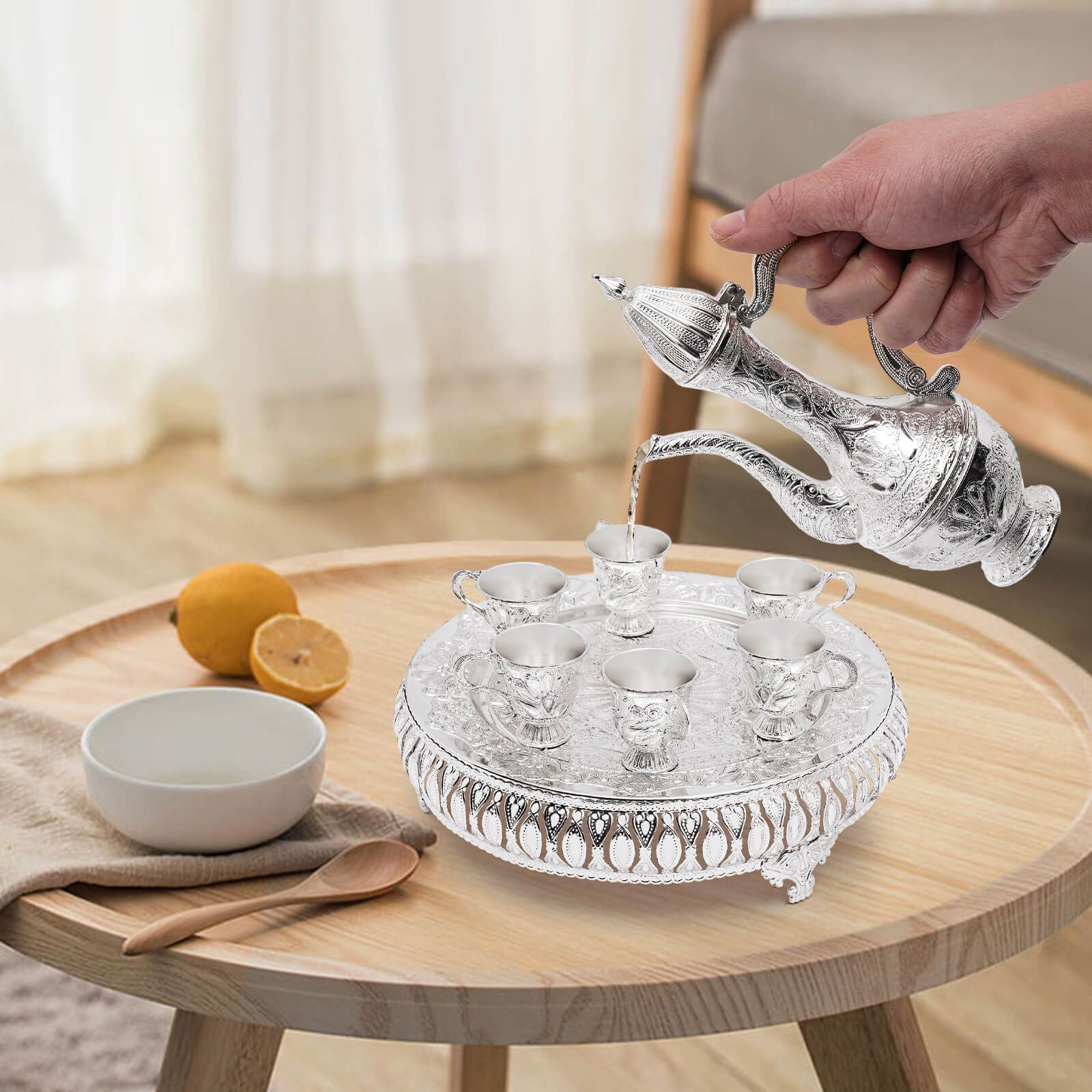 Coffee cup and teapot set, tea service set for tea table decoration, silver, with one pot and six cups Coffee cup and teapot set, tea service set for tea table decoration, silver, with one pot and six cups