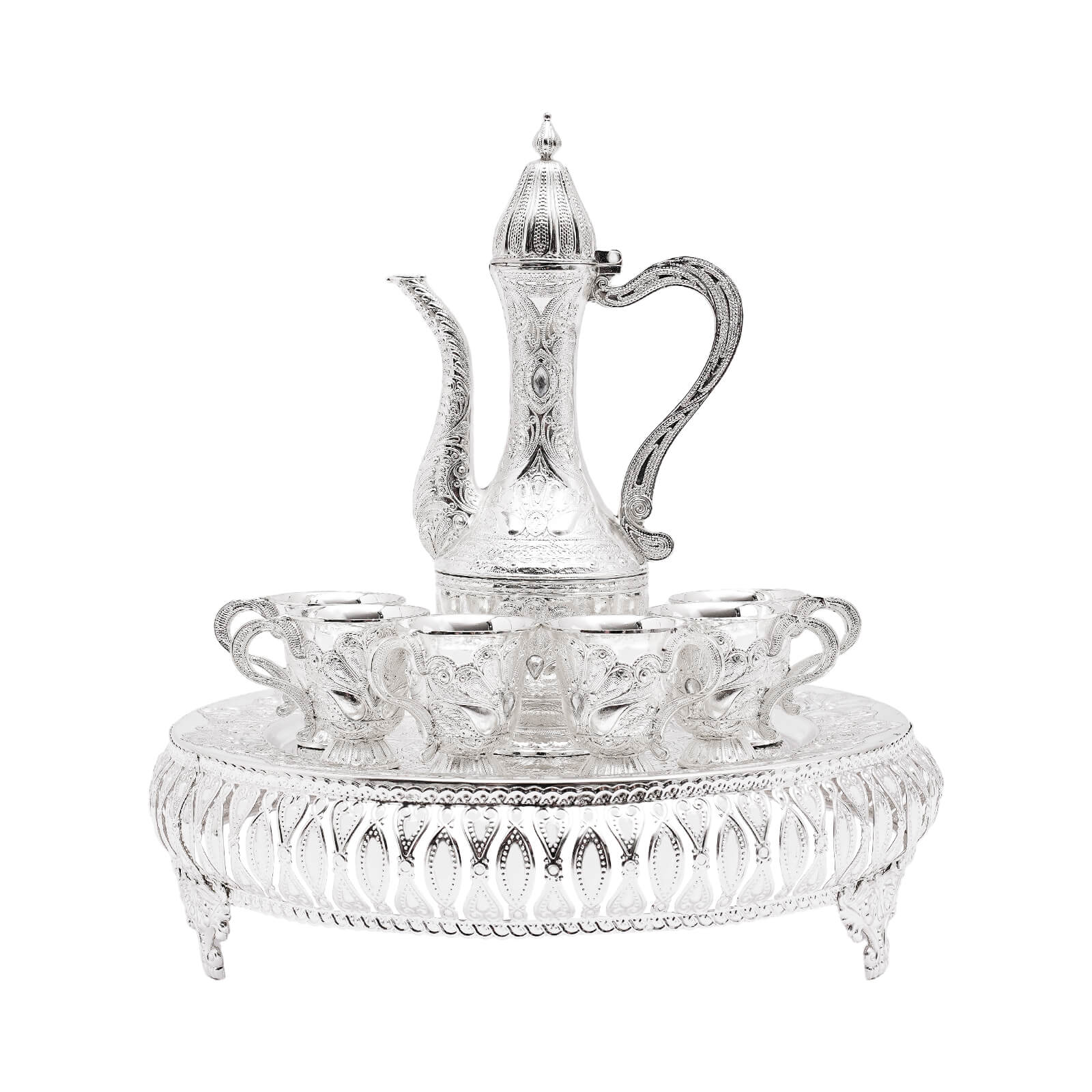 Coffee cup and teapot set, tea service set for tea table decoration, silver, with one pot and six cups
