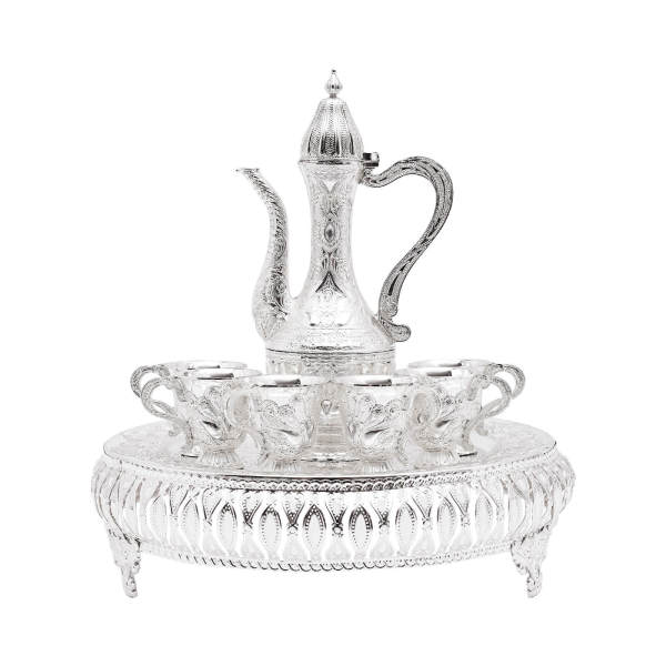 Coffee cup and teapot set, tea service set for tea table decoration, silver, with one pot and six cups