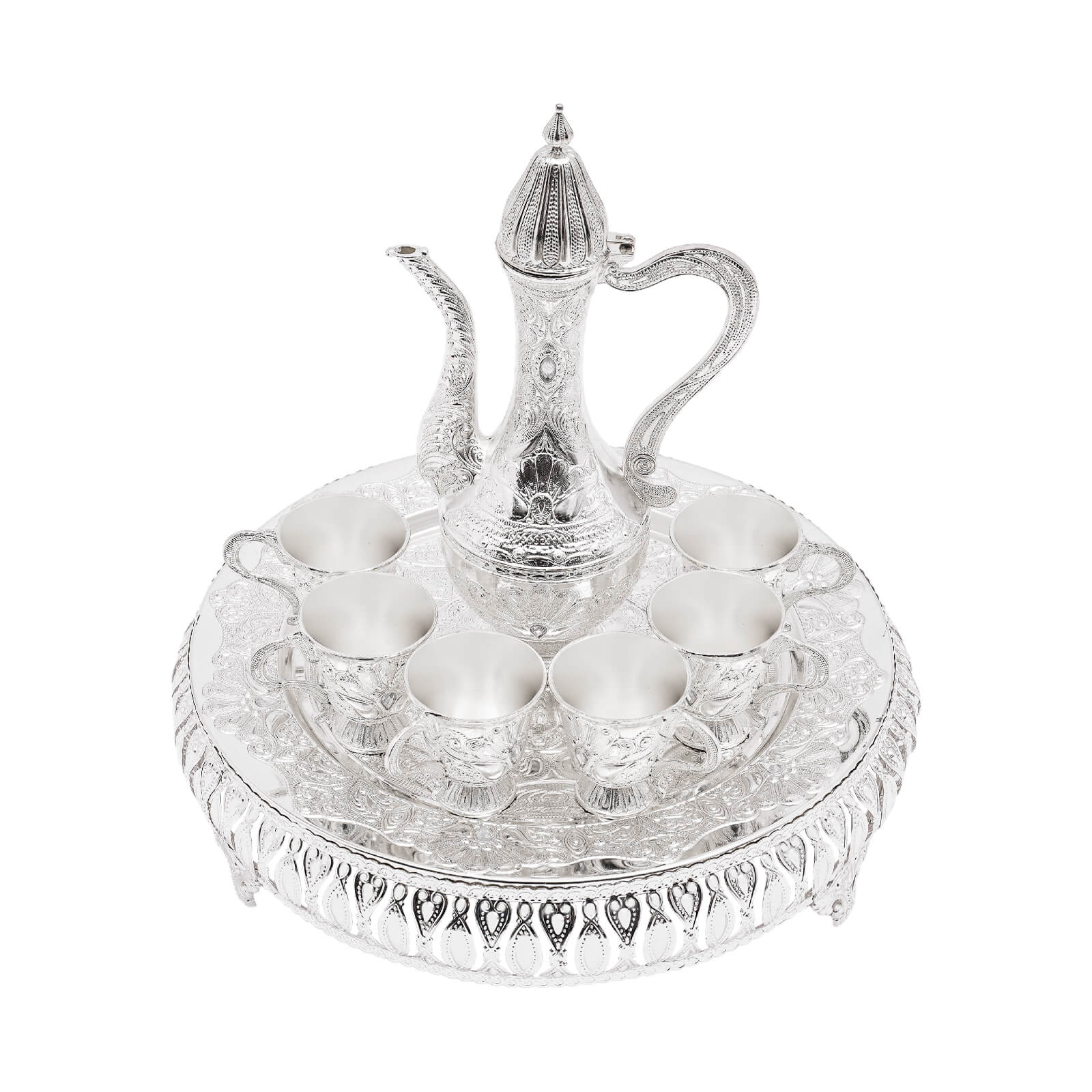 Coffee cup and teapot set, tea service set for tea table decoration, silver, with one pot and six cups Coffee cup and teapot set, tea service set for tea table decoration, silver, with one pot and six cups