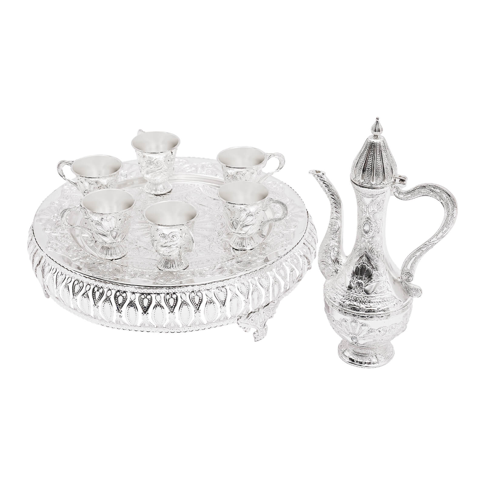 Coffee cup and teapot set, tea service set for tea table decoration, silver, with one pot and six cups Coffee cup and teapot set, tea service set for tea table decoration, silver, with one pot and six cups
