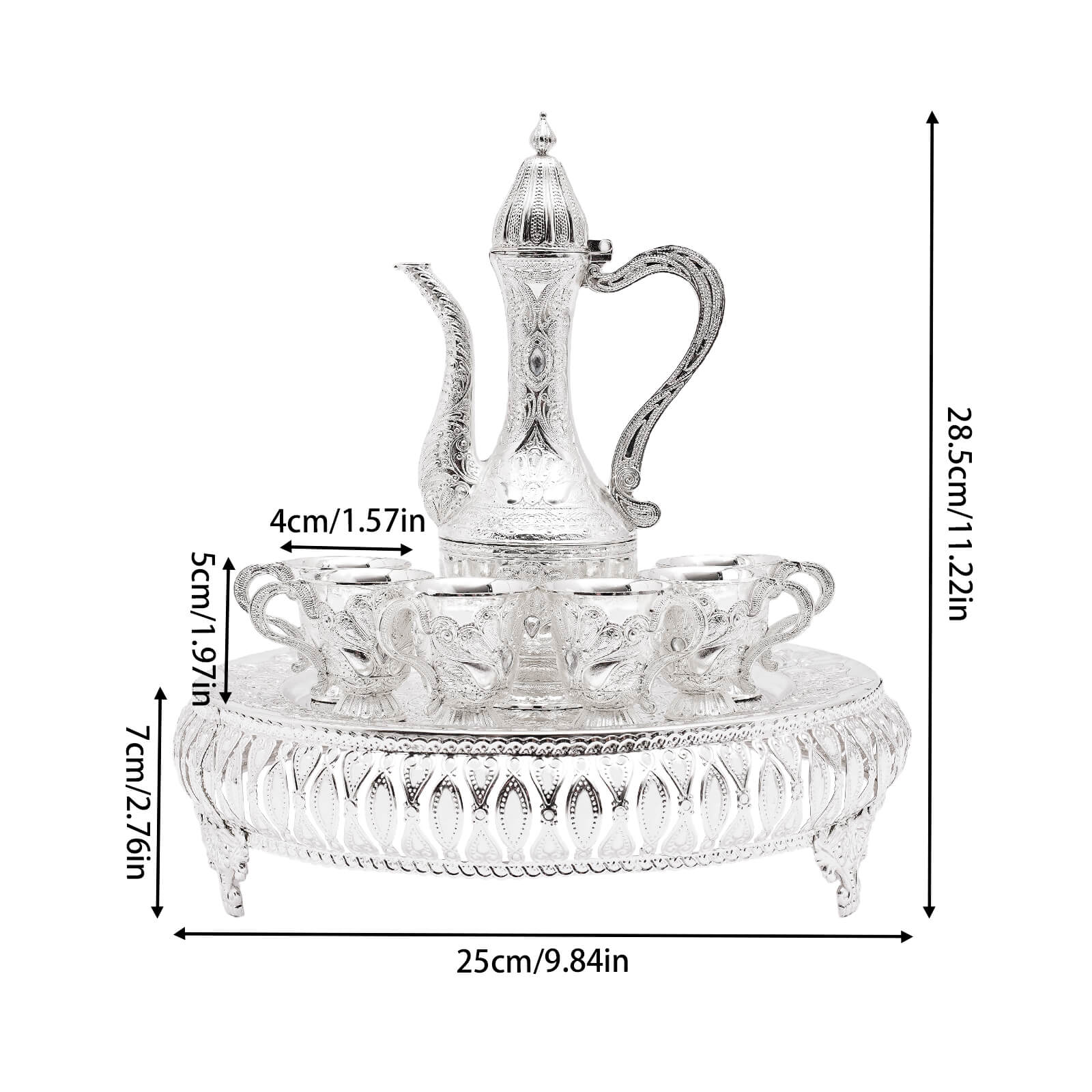 Coffee cup and teapot set, tea service set for tea table decoration, silver, with one pot and six cups Coffee cup and teapot set, tea service set for tea table decoration, silver, with one pot and six cups