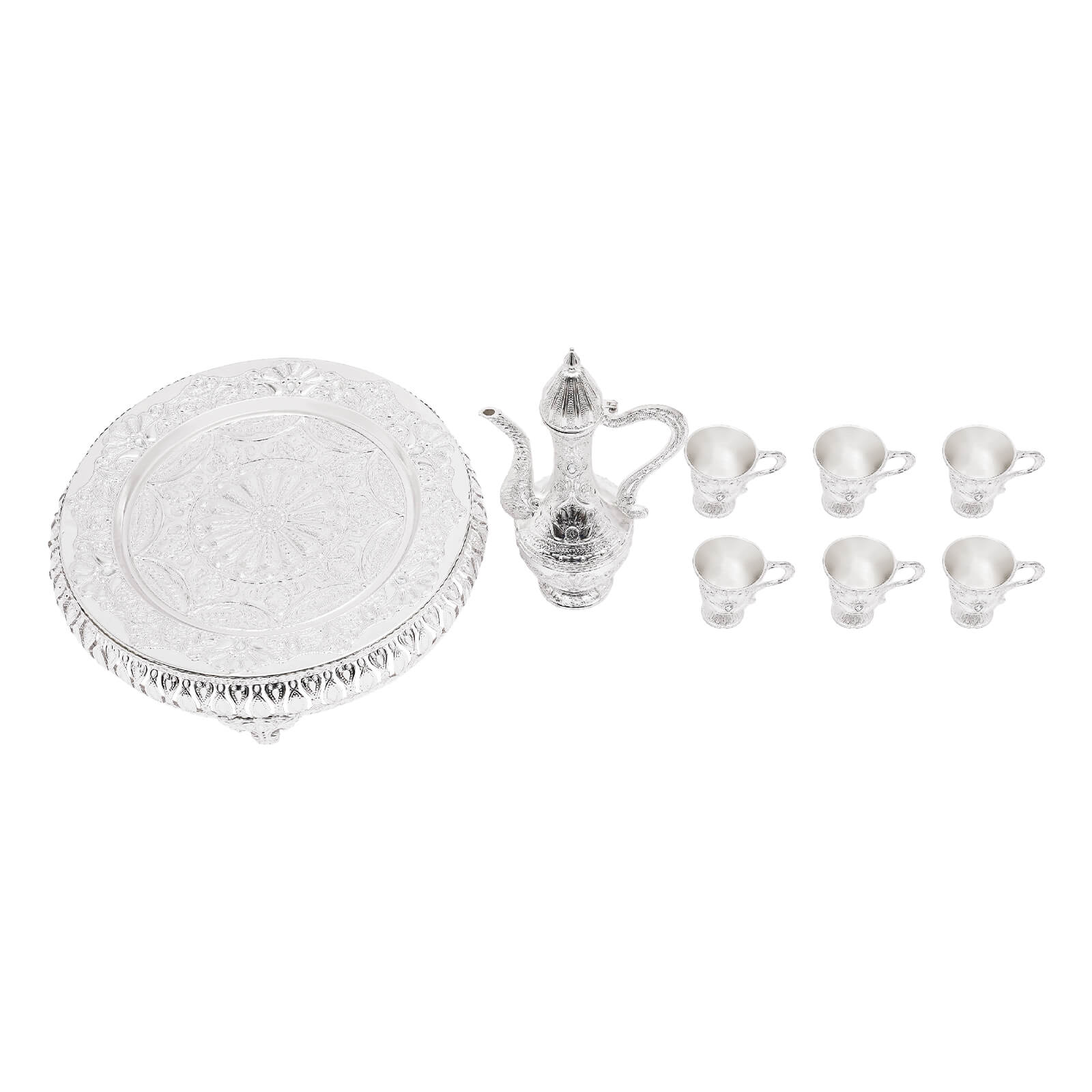Coffee cup and teapot set, tea service set for tea table decoration, silver, with one pot and six cups Coffee cup and teapot set, tea service set for tea table decoration, silver, with one pot and six cups