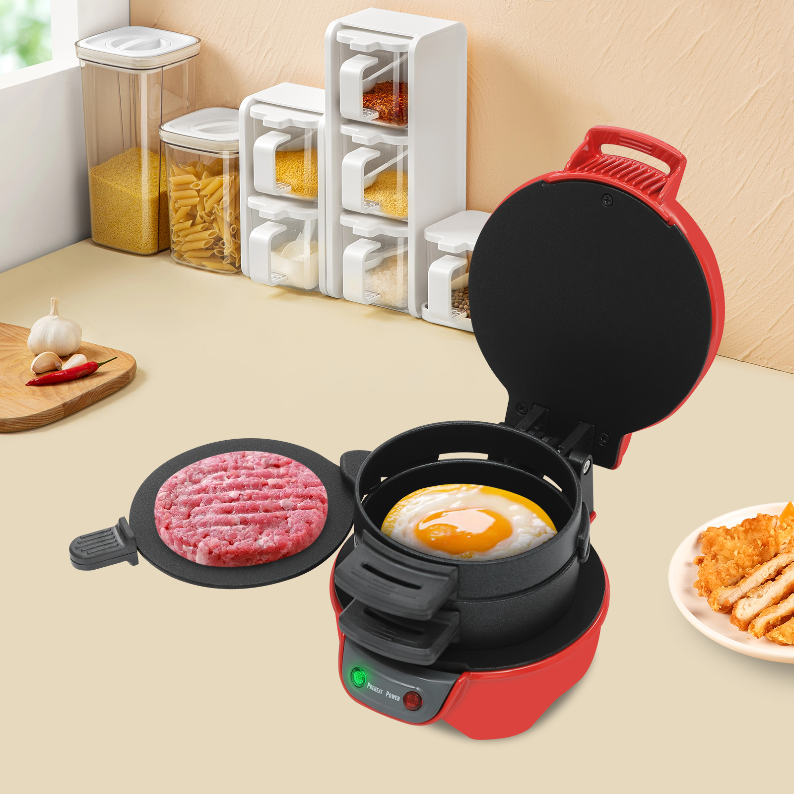 Portable Grill Machine, Electric Burger Maker, Electric Hamburger Press - Red