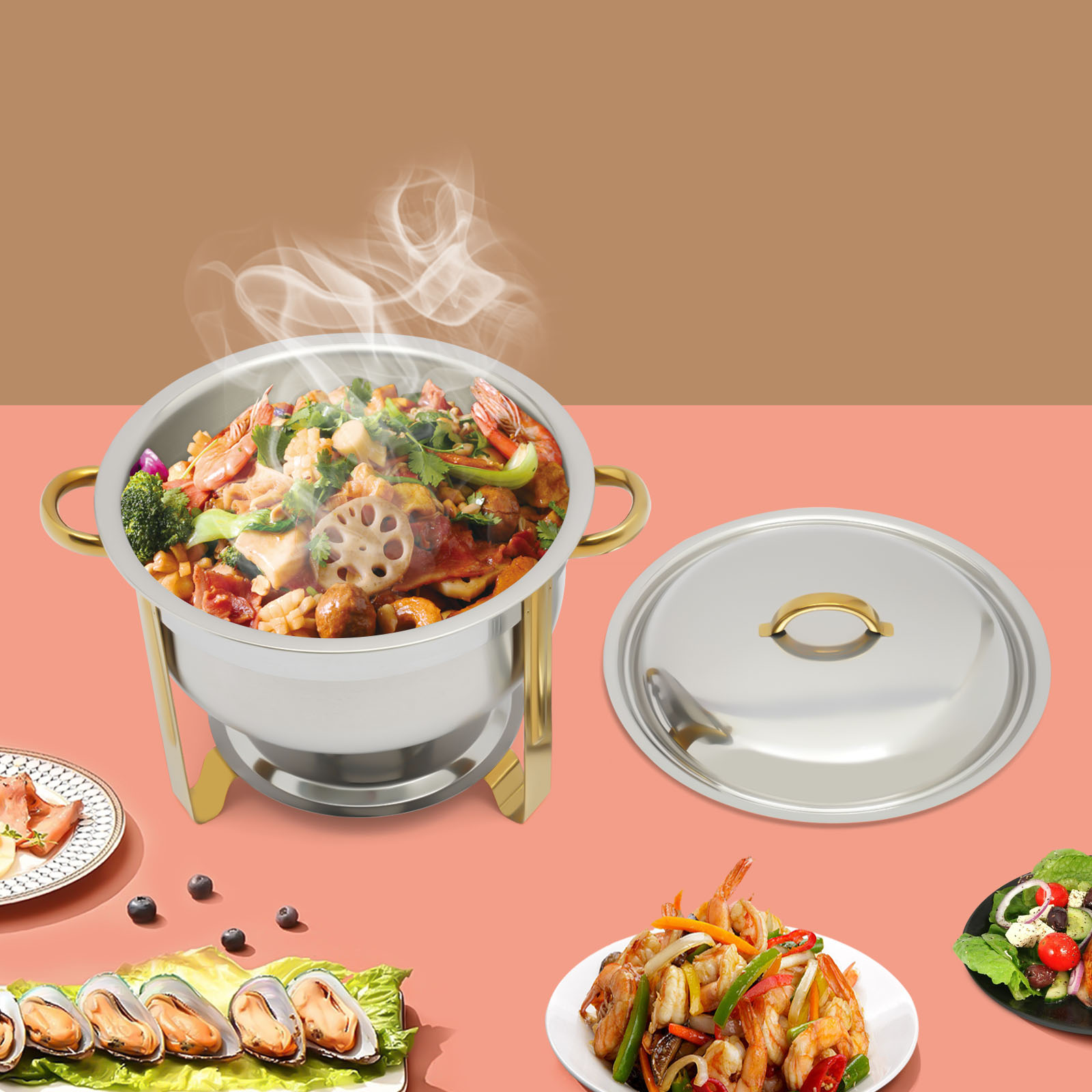 5L Stainless Steel Round Food Warmer Food Warmer Dish Warmer Container 16.54*12.6inch For Celebrations Parties Catering Gold