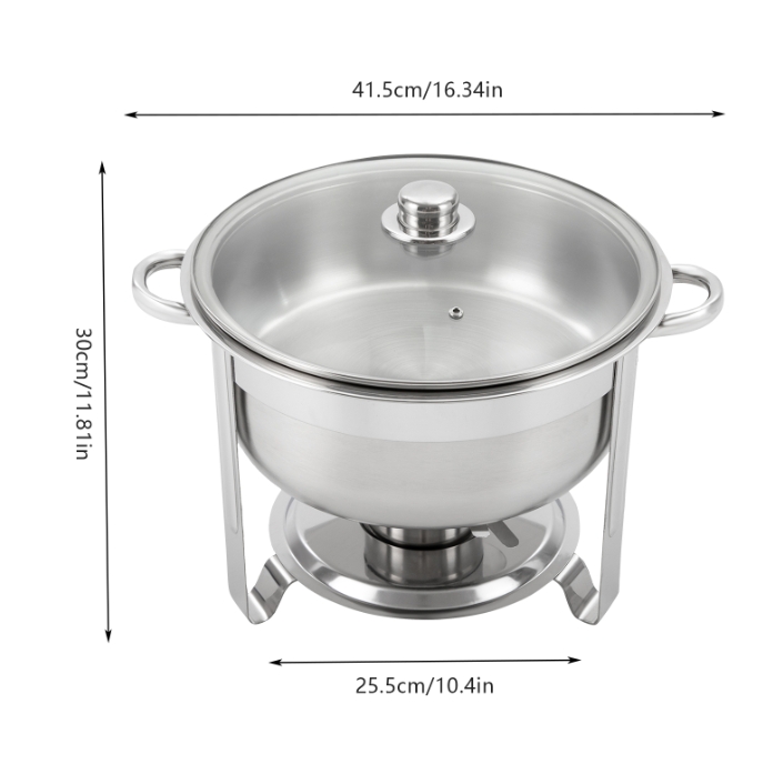 8.5L Round Stainless Steel Dining Stove with Glass Lid Double Bowl Suitable for Buffets and Parties Stainless Steel Round Chafing Dish Set 8.5L Round Stainless Steel Dining Stove with Glass Lid Double Bowl Suitable for Buffets and Parties Stainless Steel Round Chafing Dish Set