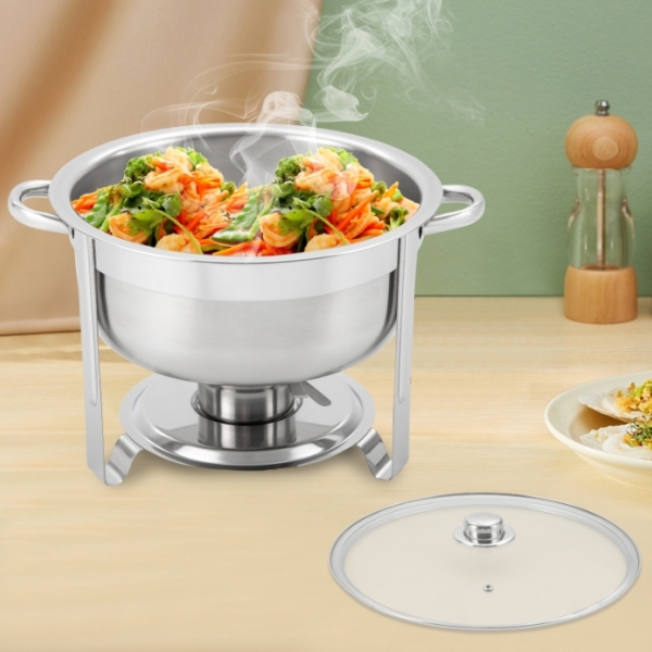 8.5L Round Stainless Steel Dining Stove with Glass Lid Double Bowl Suitable for Buffets and Parties Stainless Steel Round Chafing Dish Set
