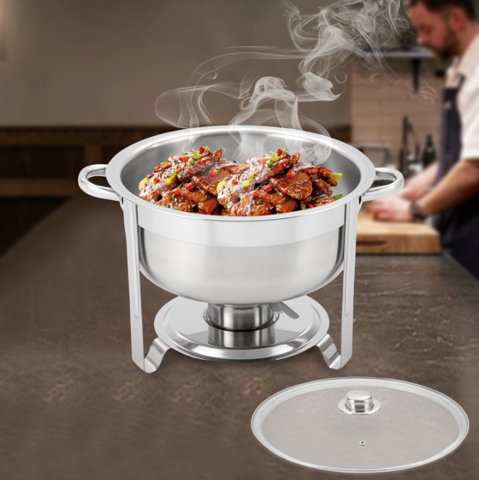 8.5L Round Stainless Steel Dining Stove with Glass Lid Double Bowl Suitable for Buffets and Parties Stainless Steel Round Chafing Dish Set 8.5L Round Stainless Steel Dining Stove with Glass Lid Double Bowl Suitable for Buffets and Parties Stainless Steel Round Chafing Dish Set