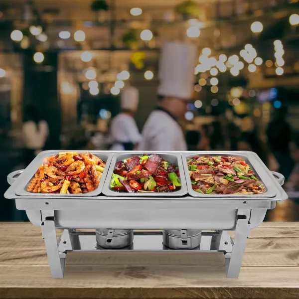 Stainless Steel Food Warmer with 3 Pans and Silver Folding Frame 3 Liter/Each Plate, Food Warmer with Tap Stainless Steel Food Warmer with 3 Pans and Silver Folding Frame 3 Liter/Each Plate, Food Warmer with Tap