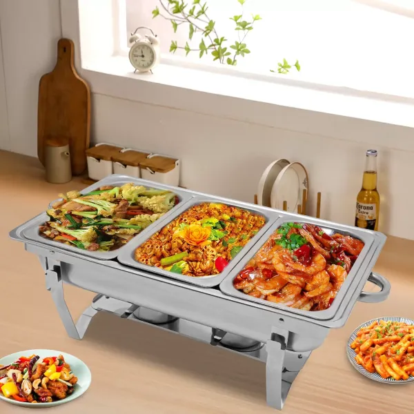 Stainless Steel Food Warmer with 3 Pans and Silver Folding Frame 3 Liter/Each Plate, Food Warmer with Tap Stainless Steel Food Warmer with 3 Pans and Silver Folding Frame 3 Liter/Each Plate, Food Warmer with Tap