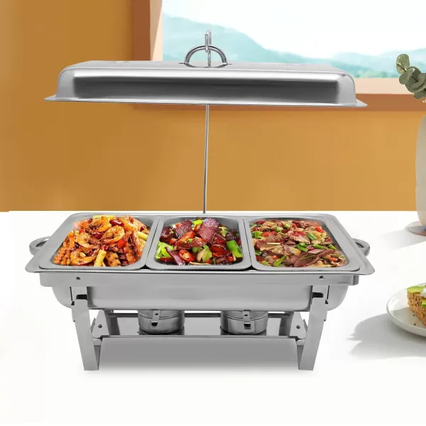 Stainless Steel Food Warmer with 3 Pans and Silver Folding Frame 3 Liter/Each Plate, Food Warmer with Tap