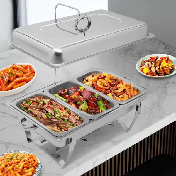 Stainless Steel Food Warmer with 3 Pans and Silver Folding Frame 3 Liter/Each Plate, Food Warmer with Tap Stainless Steel Food Warmer with 3 Pans and Silver Folding Frame 3 Liter/Each Plate, Food Warmer with Tap