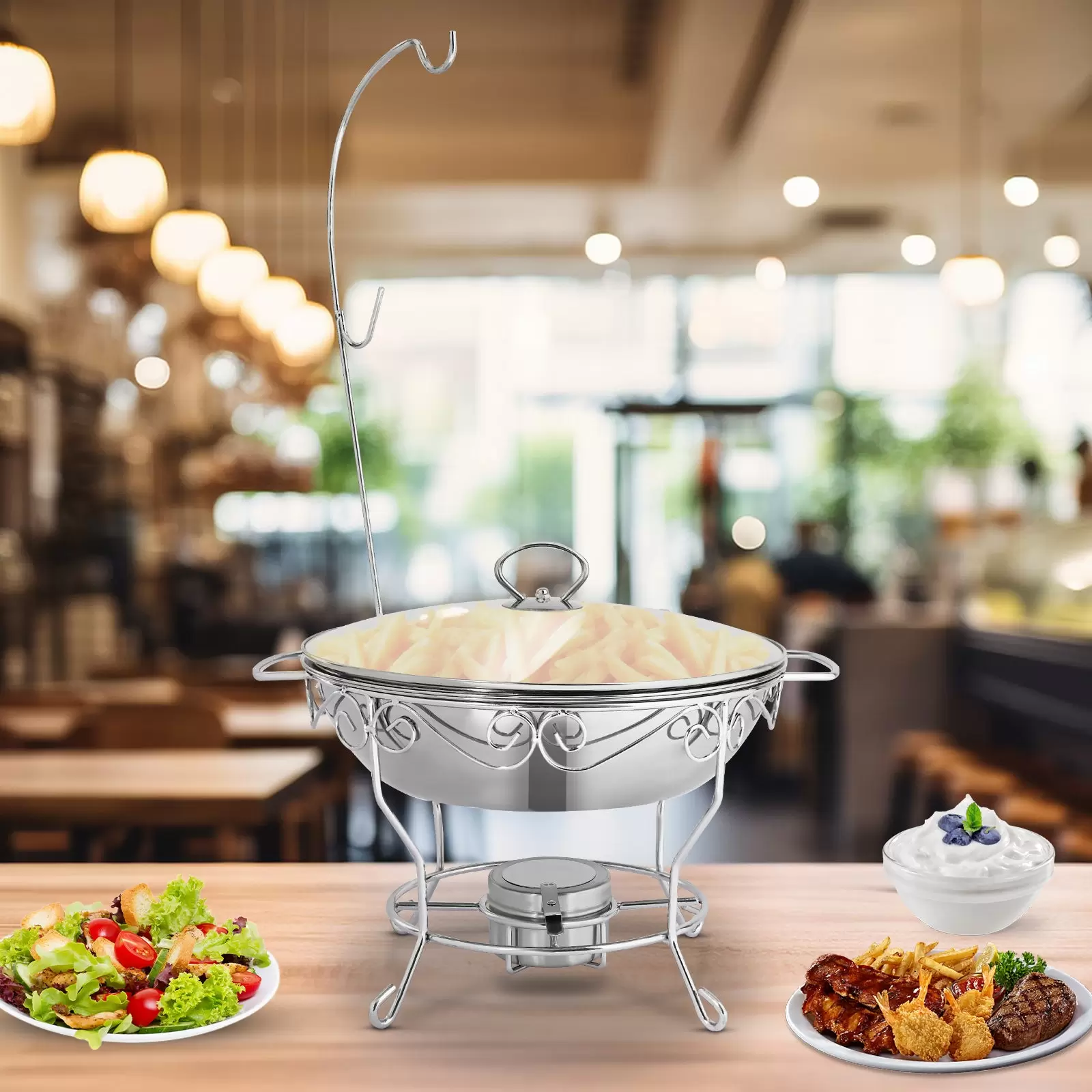 Round Dining Stove Lid Can Be Hung 6L-Silver Stainless Steel Food Warmer Round Stand Round Dish Warmer For Homes Kitchens Party Silver