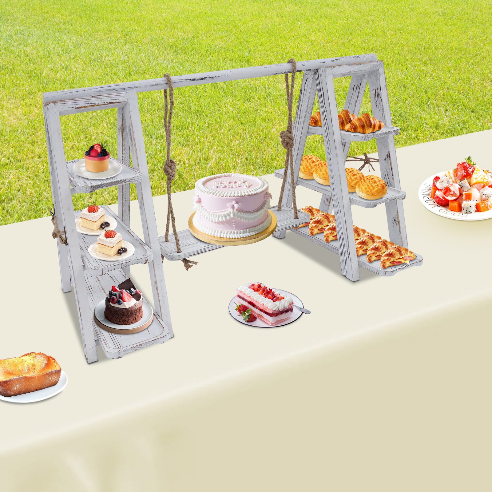 3 Tray Serving Ladder Stand, Table Display Set with Removable Trays, 3 tier Cupcake Stand - White