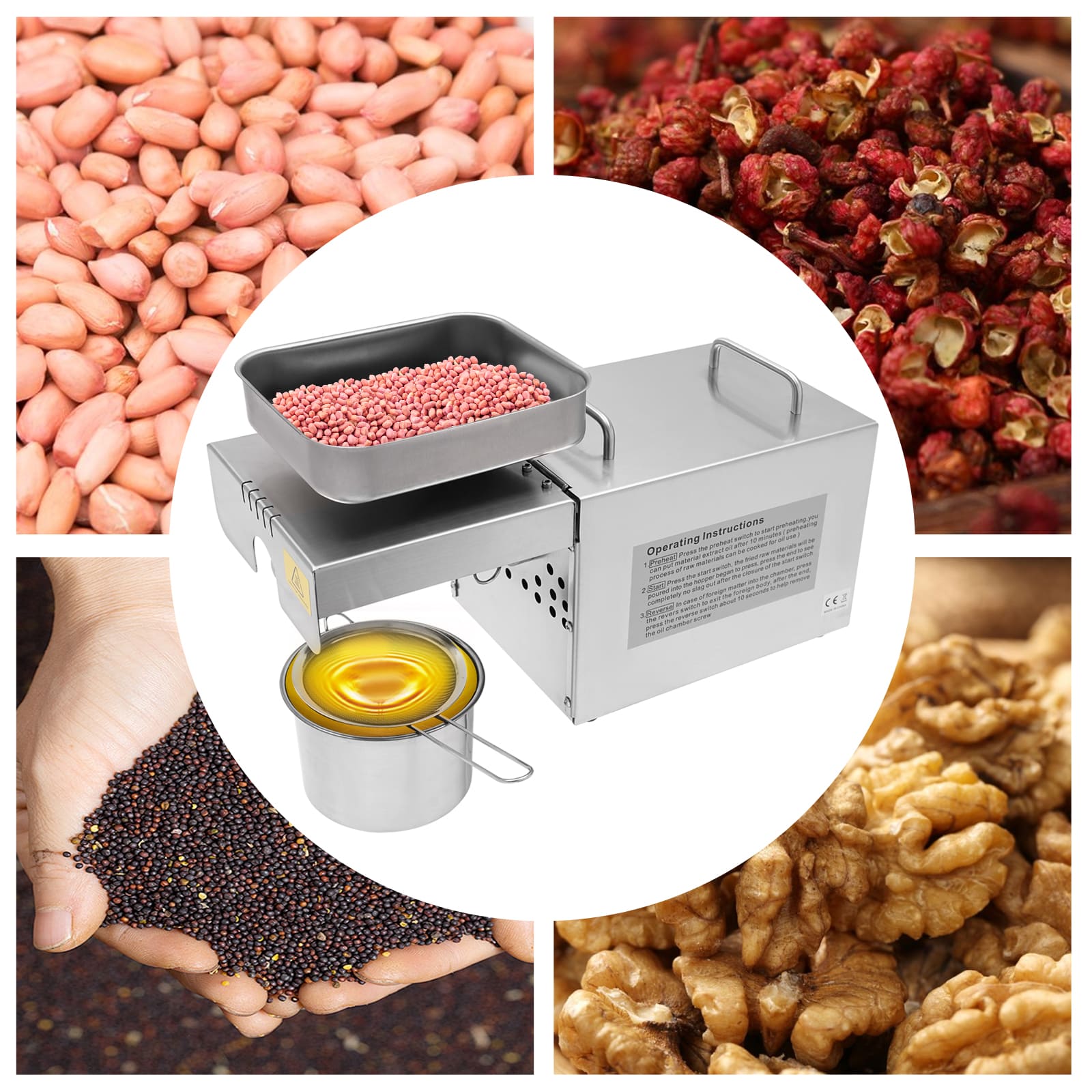 Electric Oil Press, 220V Stainless Steel Oil Extractor, for Peanuts, Nuts, Almonds, etc Electric Oil Press, 220V Stainless Steel Oil Extractor, for Peanuts, Nuts, Almonds, etc