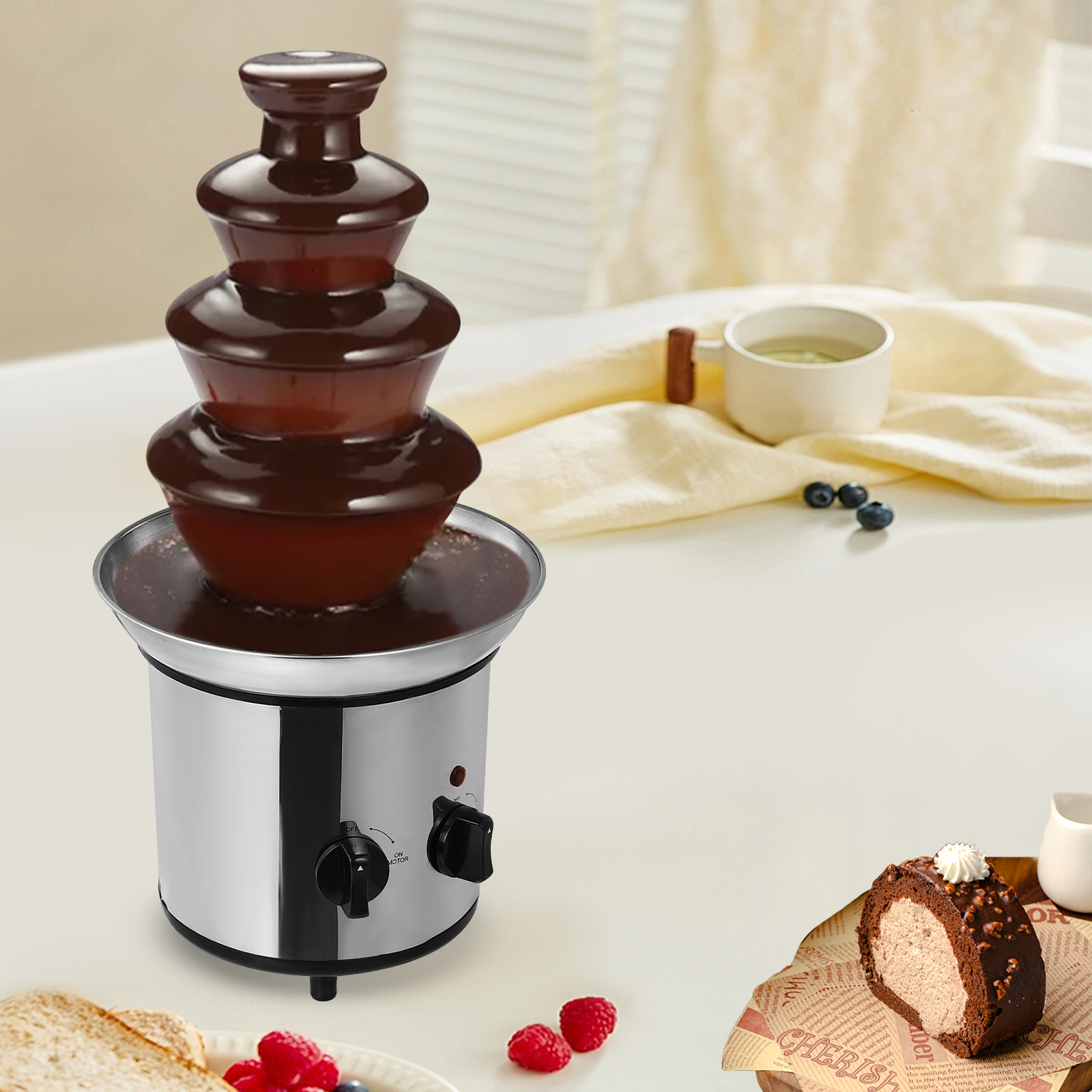 Electric Chocolate Melting Fountain Machine, 4-level chocolate fountain machine, 21.5*45cm, Silver Electric Chocolate Melting Fountain Machine, 4-level chocolate fountain machine, 21.5*45cm, Silver