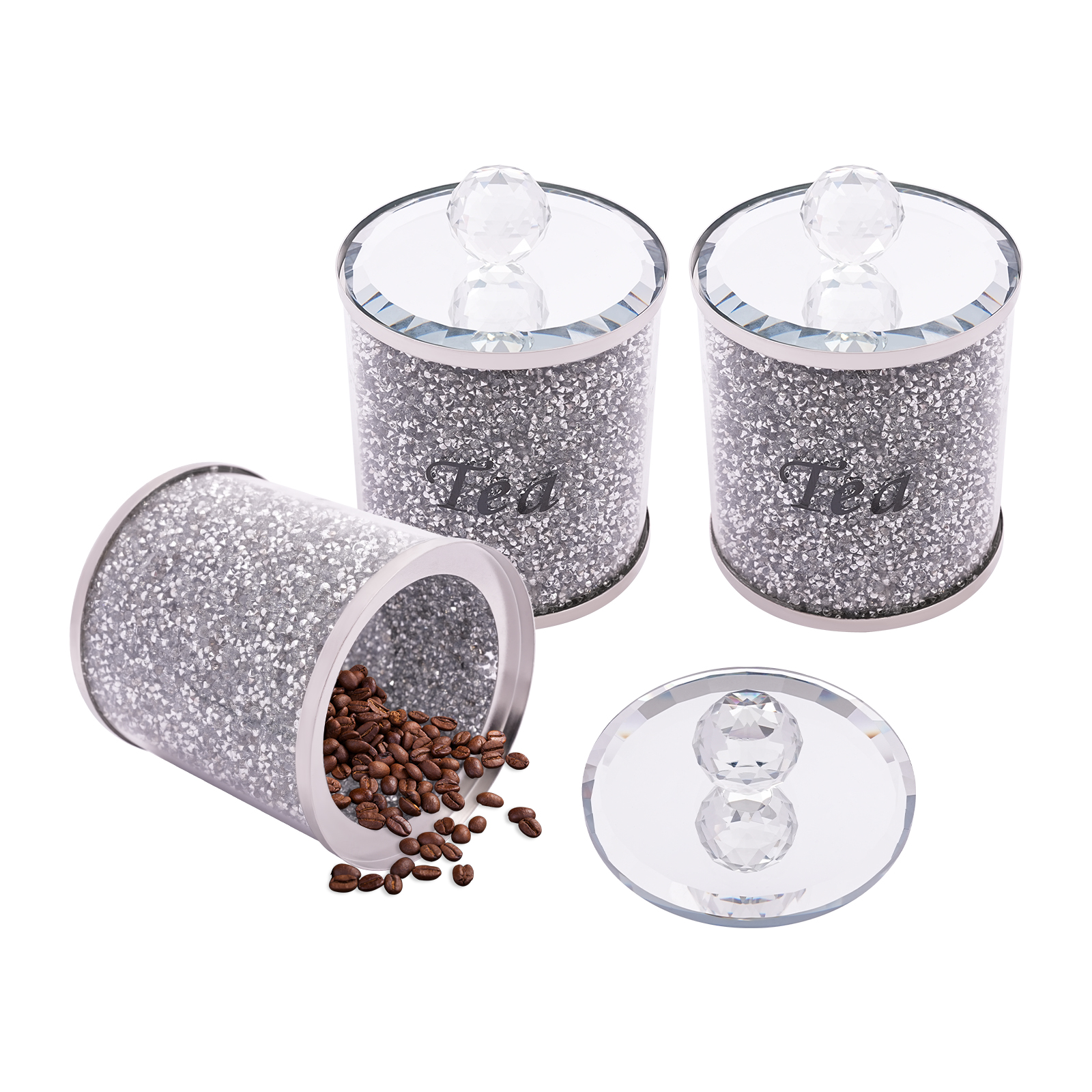 Set of 3, Coffee, sugar and tea container, Decorative glass jar inlaid with crushed diamonds