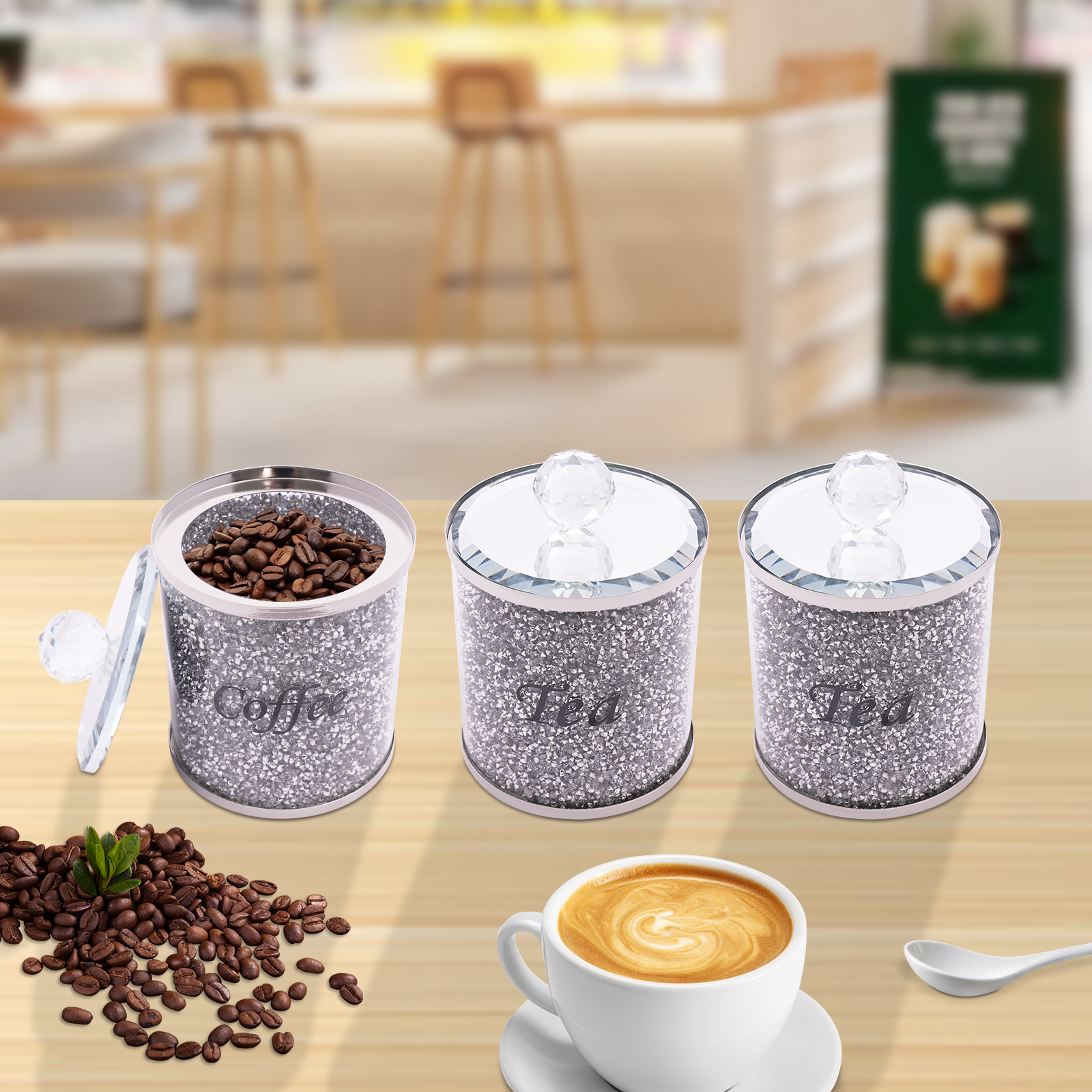 Set of 3, Coffee, sugar and tea container, Decorative glass jar inlaid with crushed diamonds Set of 3, Coffee, sugar and tea container, Decorative glass jar inlaid with crushed diamonds