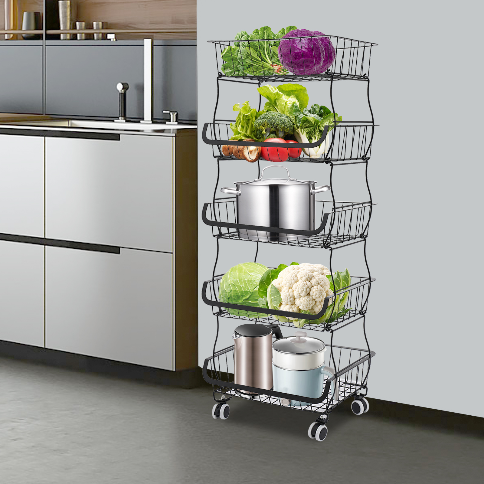 Multi-tier kitchen shelf, Fruit and vegetable storage basket, Kitchen shelf, Large load capacity, Black Multi-tier kitchen shelf, Fruit and vegetable storage basket, Kitchen shelf, Large load capacity, Black