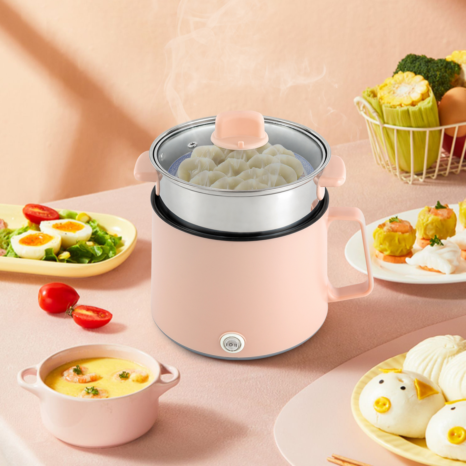 1.7L portable non-stick stove, electric multi-cooker with dual power control (pink + steamer), 17*17*25cm 1.7L portable non-stick stove, electric multi-cooker with dual power control (pink + steamer), 17*17*25cm