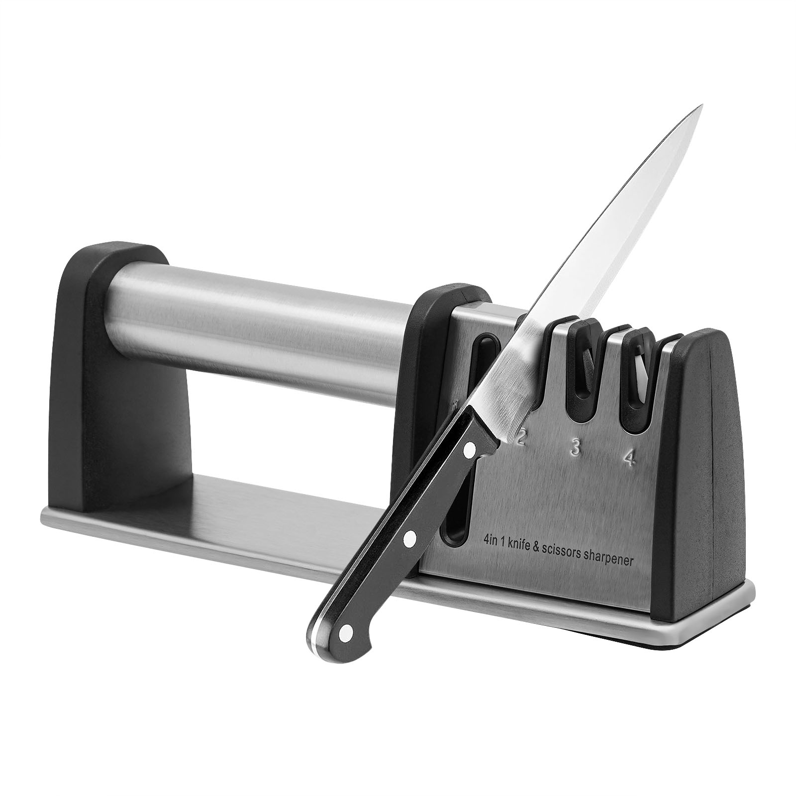 Knife Sharpeners, 4-Stage Kitchen Knives and Scissors Sharpening Tools (Silver）