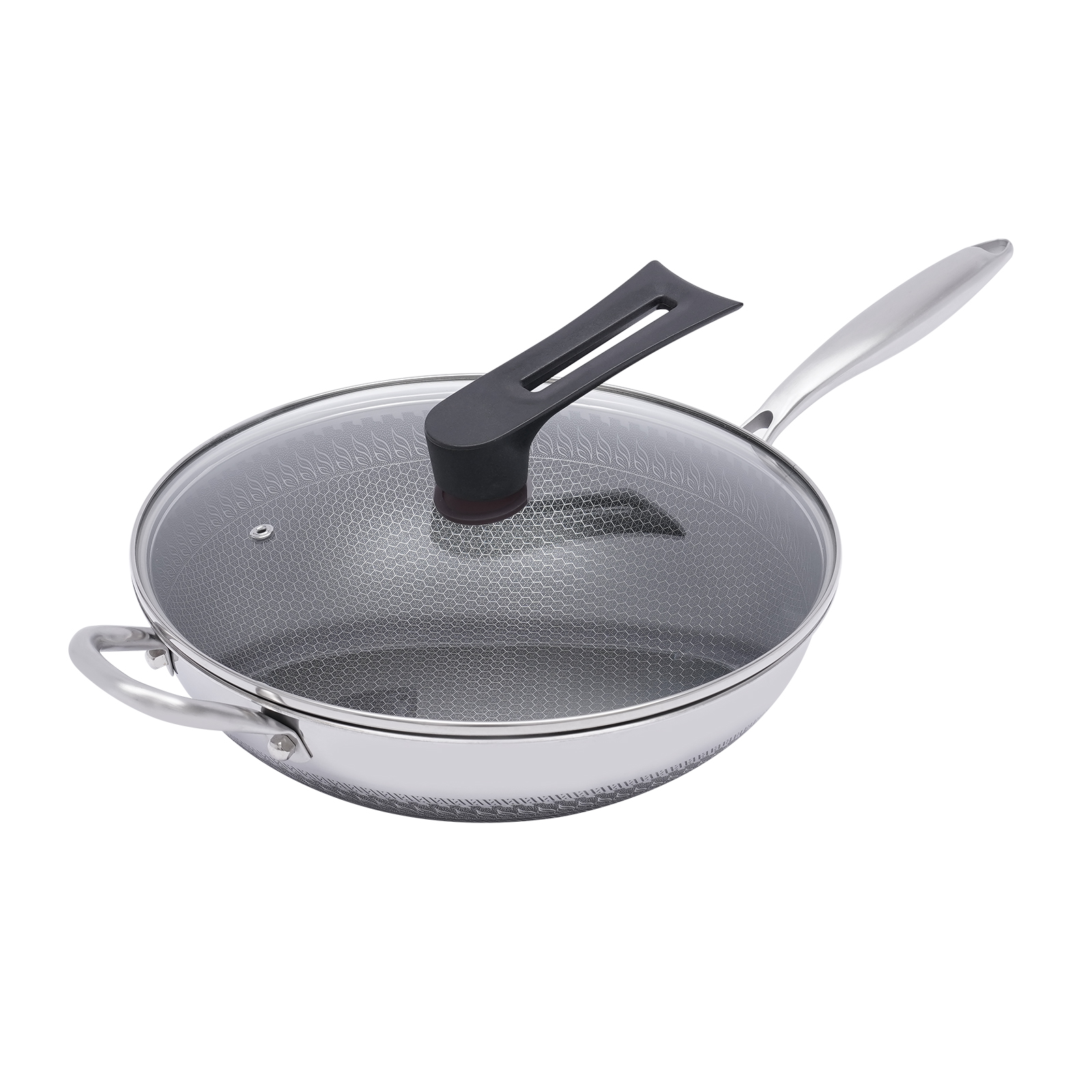 Induction Frying Pan With Lid Stainless Steel 30 CM Dishwasher Safe Non-stick For Frying Steaming Boiling Stainless Steel Silver