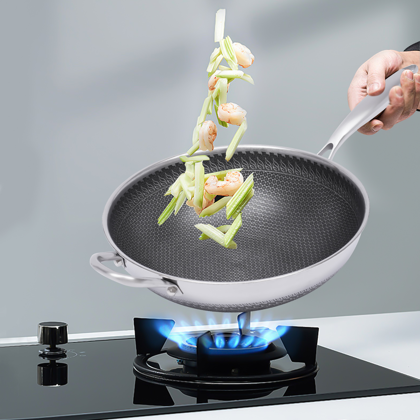 Induction Frying Pan With Lid Stainless Steel 30 CM Dishwasher Safe Non-stick For Frying Steaming Boiling Stainless Steel Silver