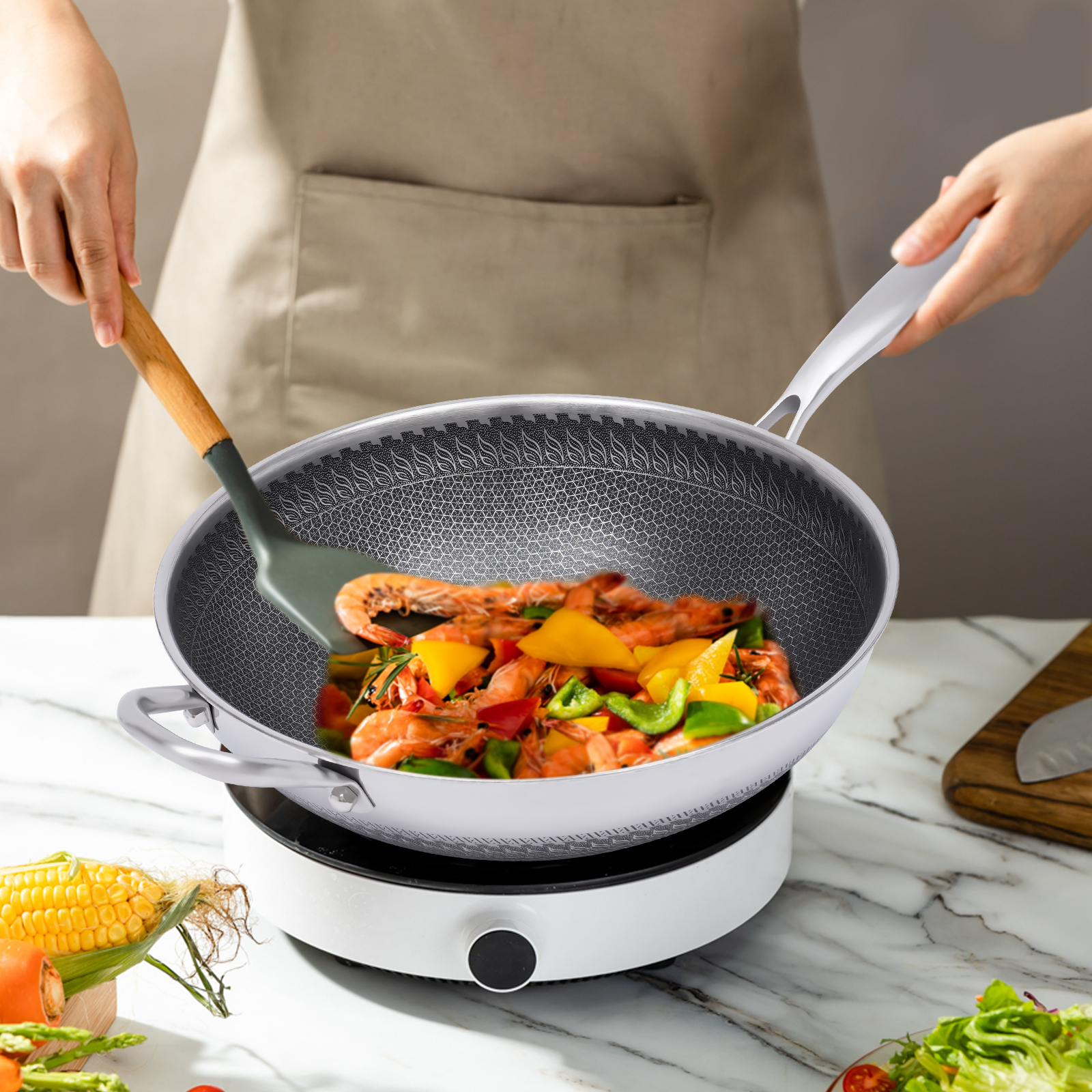 Induction Frying Pan With Lid Stainless Steel 30 CM Dishwasher Safe Non-stick For Frying Steaming Boiling Stainless Steel Silver Induction Frying Pan With Lid Stainless Steel 30 CM Dishwasher Safe Non-stick For Frying Steaming Boiling Stainless Steel Silver