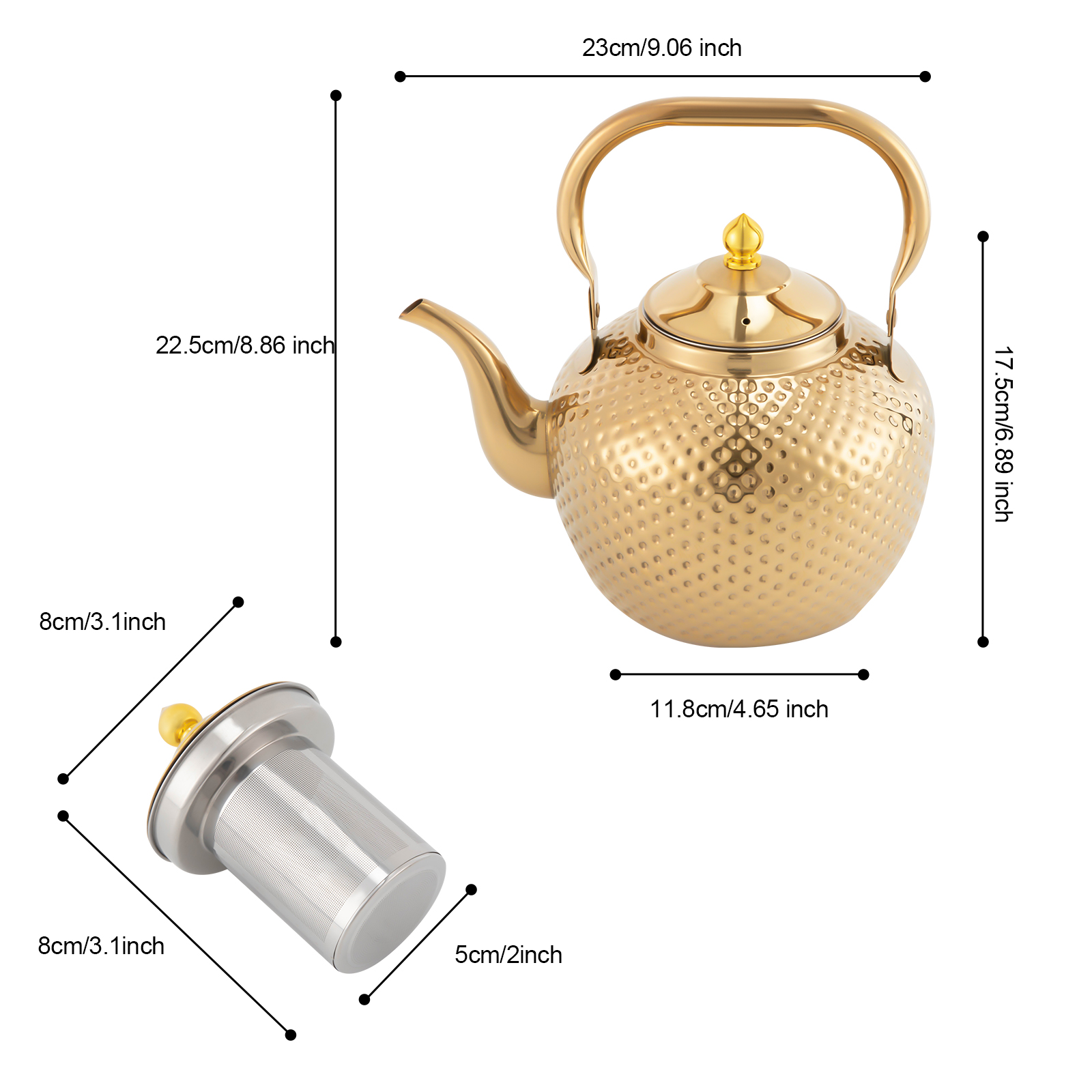 Stainless steel teapot with strainer, with tea strainer handle, suitable for induction hobs (2.0 liters, gold)