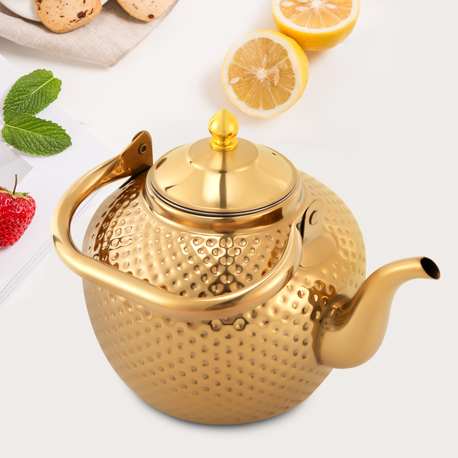 Stainless steel teapot with strainer, with tea strainer handle, suitable for induction hobs (2.0 liters, gold)