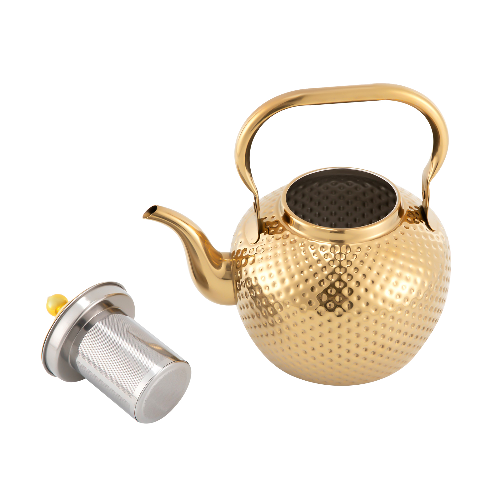 Stainless steel teapot with strainer, with tea strainer handle, suitable for induction hobs (2.0 liters, gold)