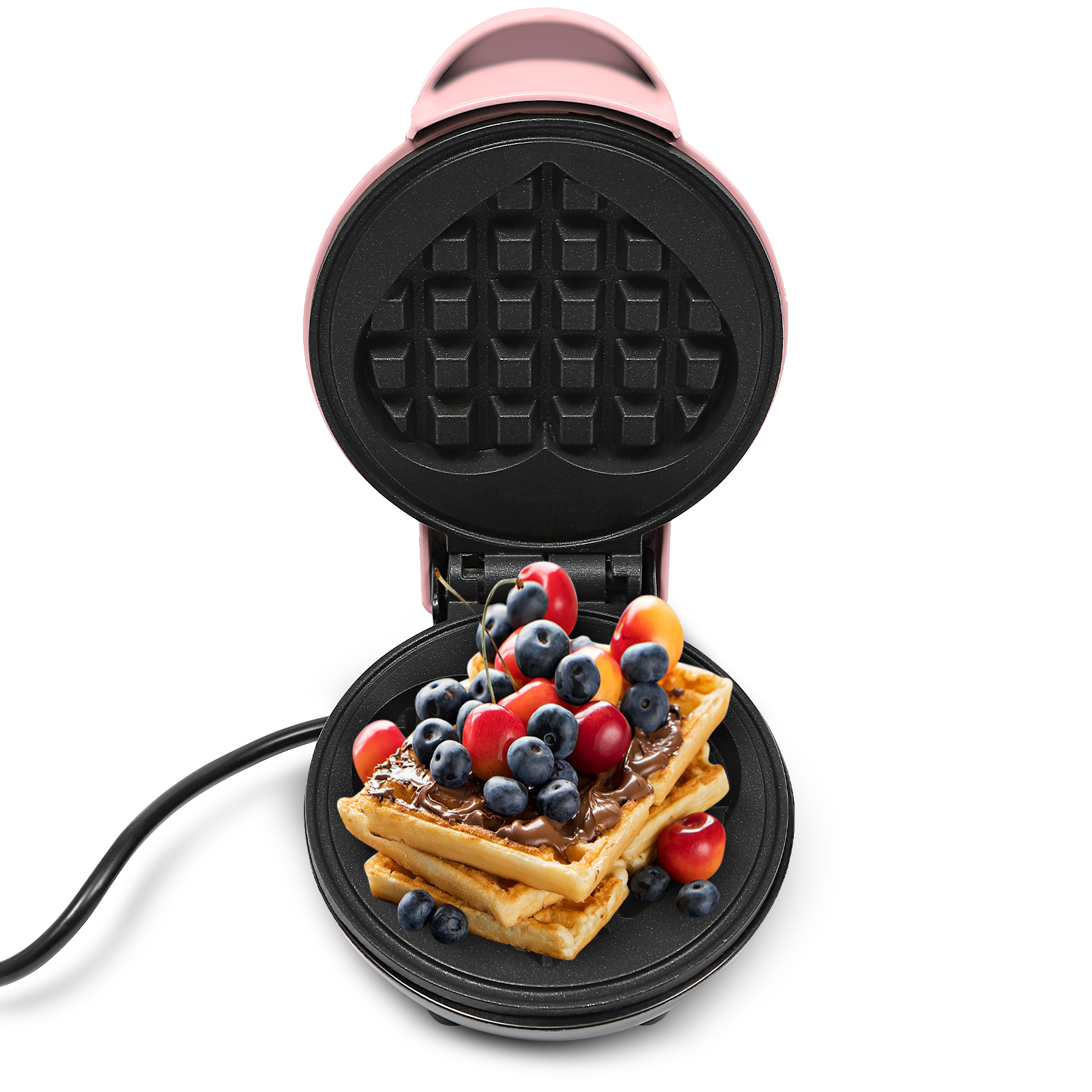 Mini waffle iron, Heart-shaped waffle iron, Small waffle iron with non-stick coating, 12,5*16,5*8,5 cm, Pink