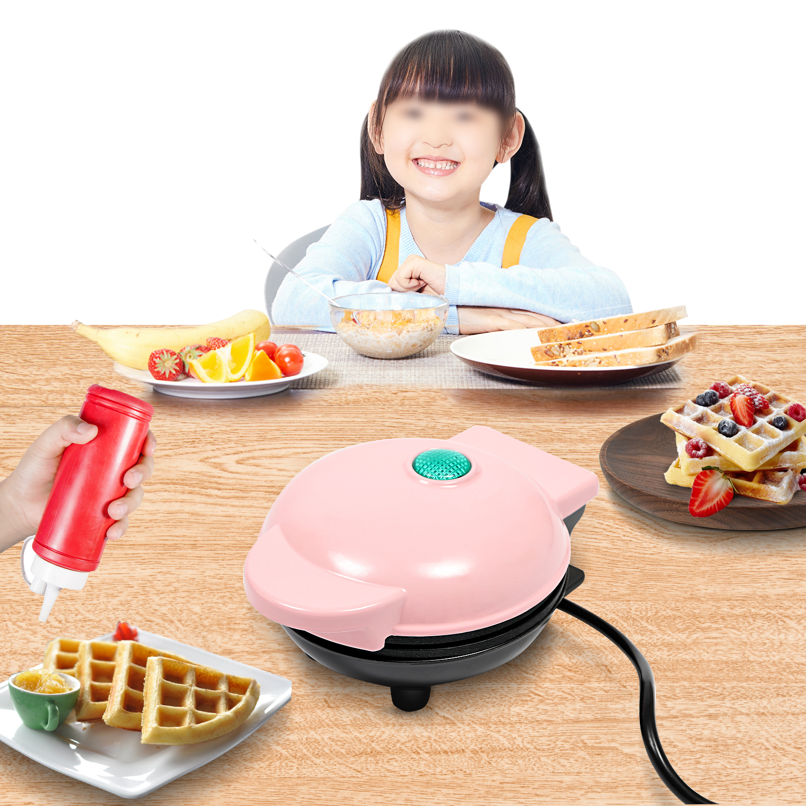 Mini waffle iron, Heart-shaped waffle iron, Small waffle iron with non-stick coating, 12,5*16,5*8,5 cm, Pink Mini waffle iron, Heart-shaped waffle iron, Small waffle iron with non-stick coating, 12,5*16,5*8,5 cm, Pink