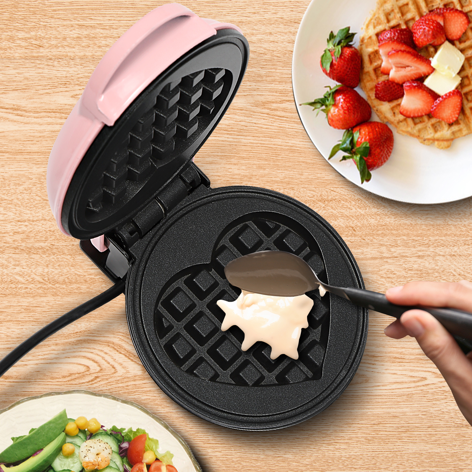Mini waffle iron, Heart-shaped waffle iron, Small waffle iron with non-stick coating, 12,5*16,5*8,5 cm, Pink Mini waffle iron, Heart-shaped waffle iron, Small waffle iron with non-stick coating, 12,5*16,5*8,5 cm, Pink