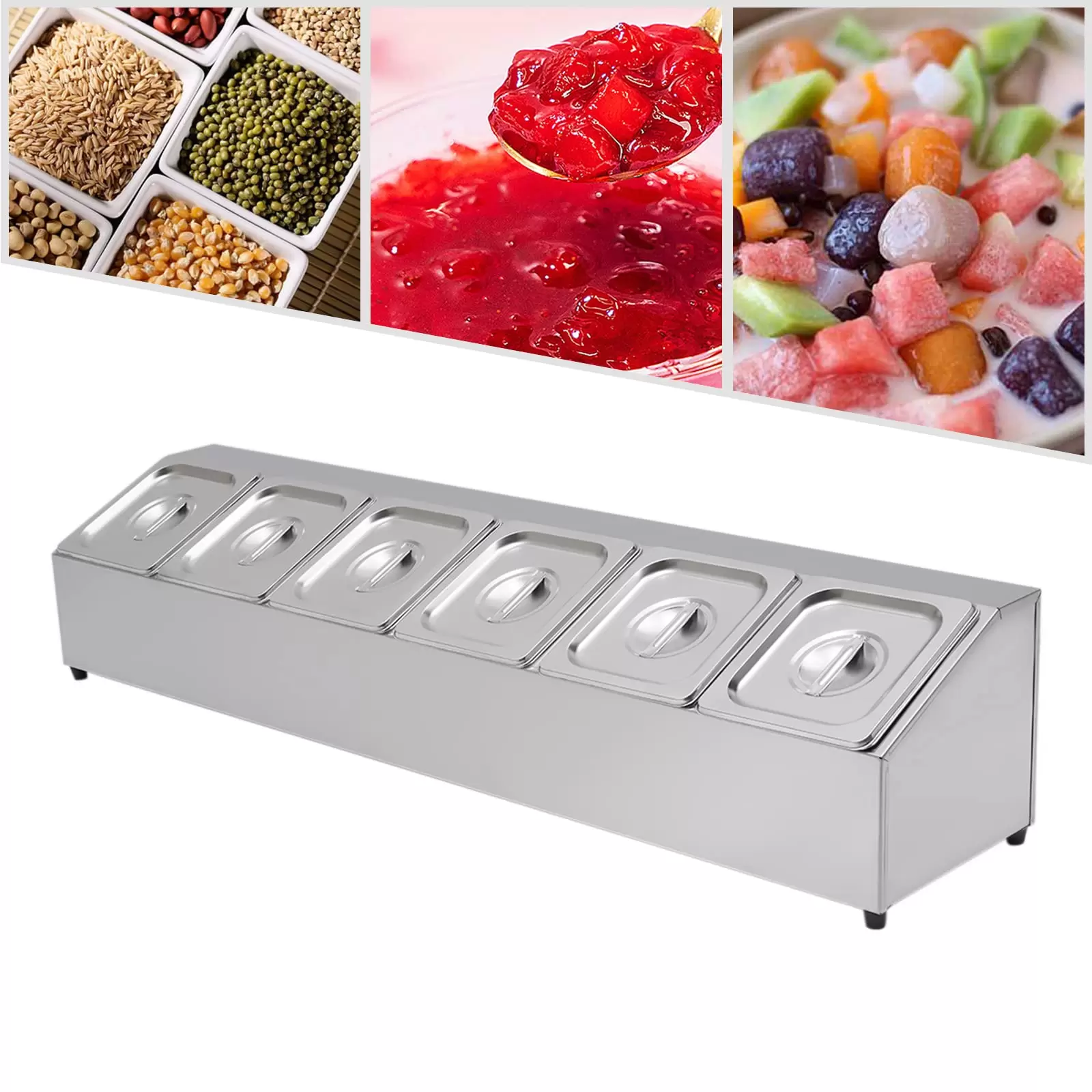 Catering Ingredient Container Stainless Steel 6 Grids Ingredient Box Side Container Bar Container Capacity Per Container Over 2 Litres with 6 Containers