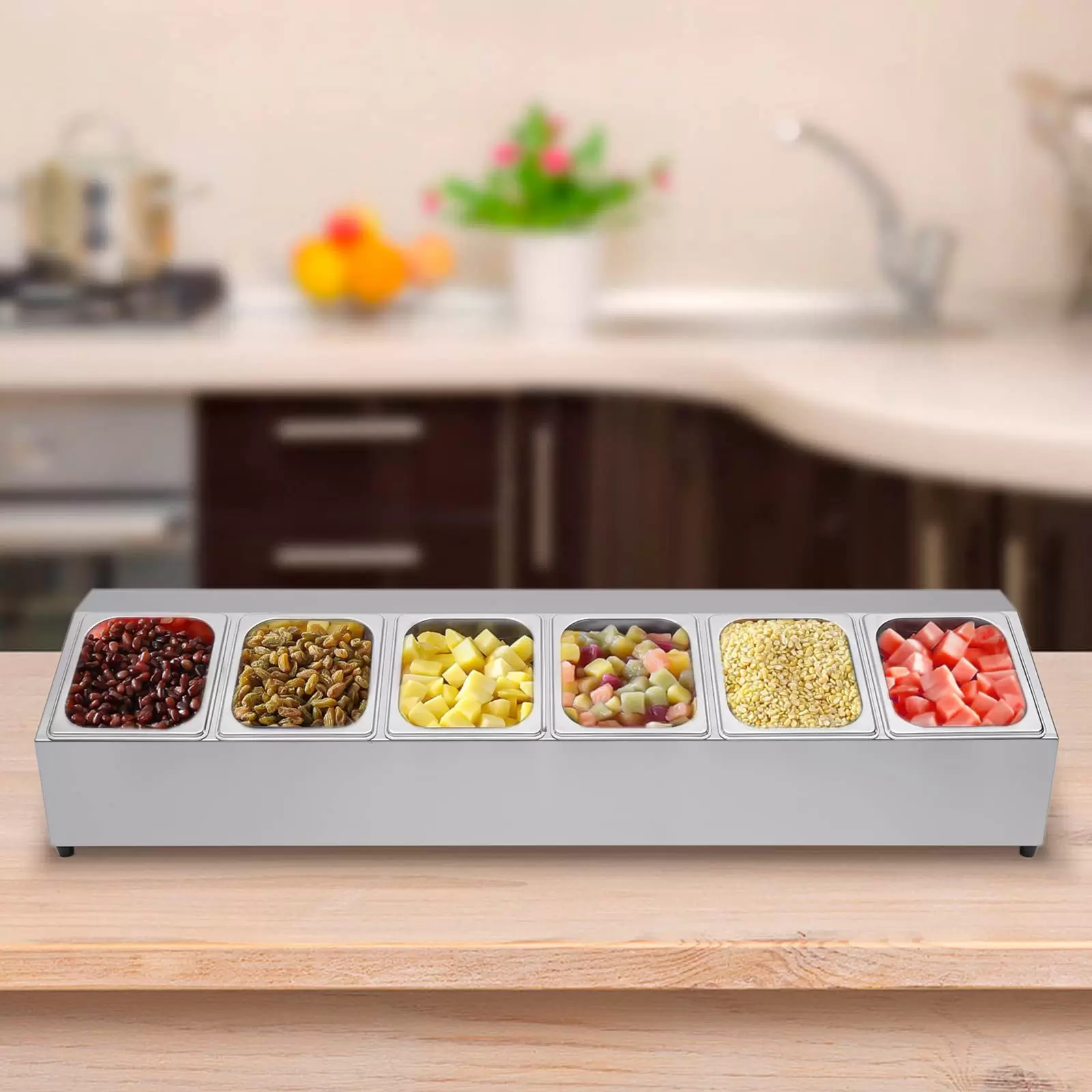 Catering Ingredient Container Stainless Steel 6 Grids Ingredient Box Side Container Bar Container Capacity Per Container Over 2 Litres with 6 Containers