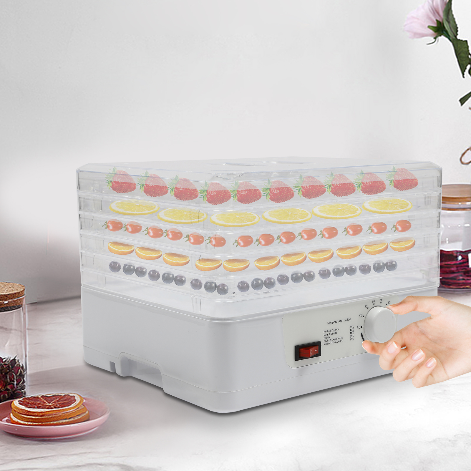 Dehydrator Machine (35-70℃) Adjustable Temperature Food Dehydrator with 5 Inserts 360° Circulation Drying