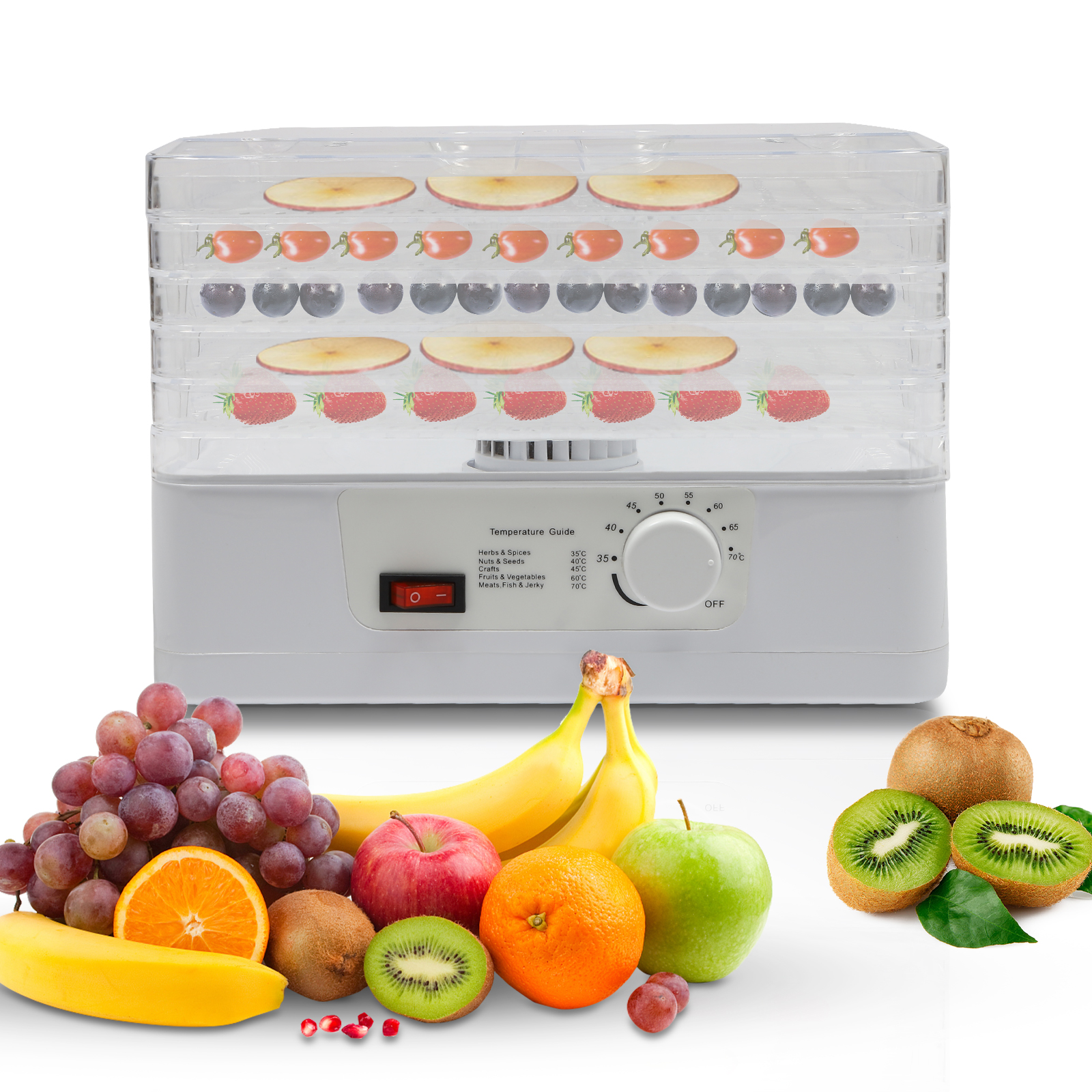 Dehydrator Machine (35-70℃) Adjustable Temperature Food Dehydrator with 5 Inserts 360° Circulation Drying Dehydrator Machine (35-70℃) Adjustable Temperature Food Dehydrator with 5 Inserts 360° Circulation Drying