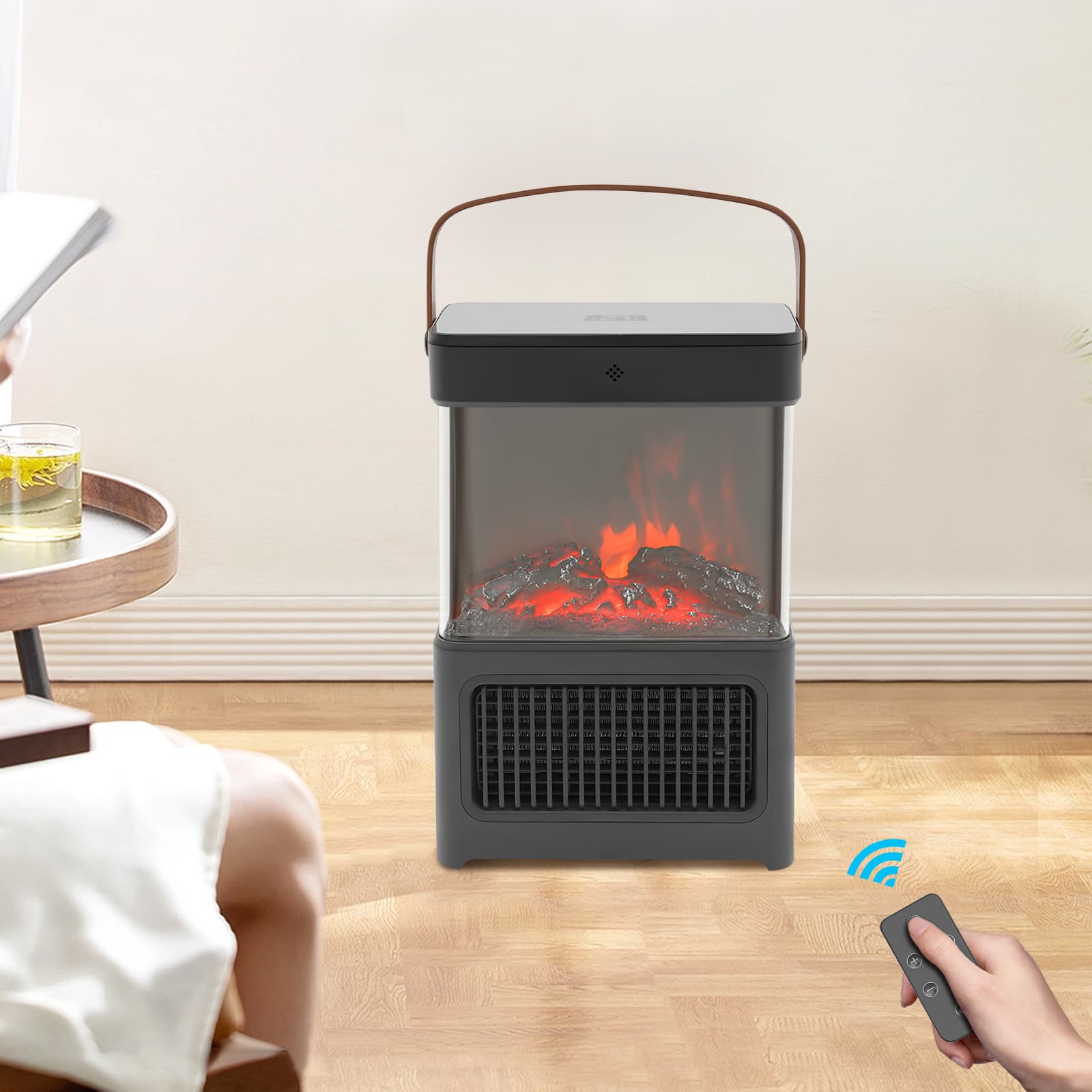 3D Simulation Fireplace Heater Warmer with Remote Control for Room Bedroom (Black)