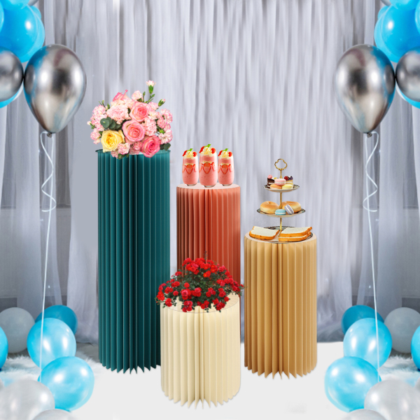 Foldable Paper Columns Display Pedestals Stands for Wedding Engagement Birthday Party Decoration Four Packs White Champagne Light Pink Blue