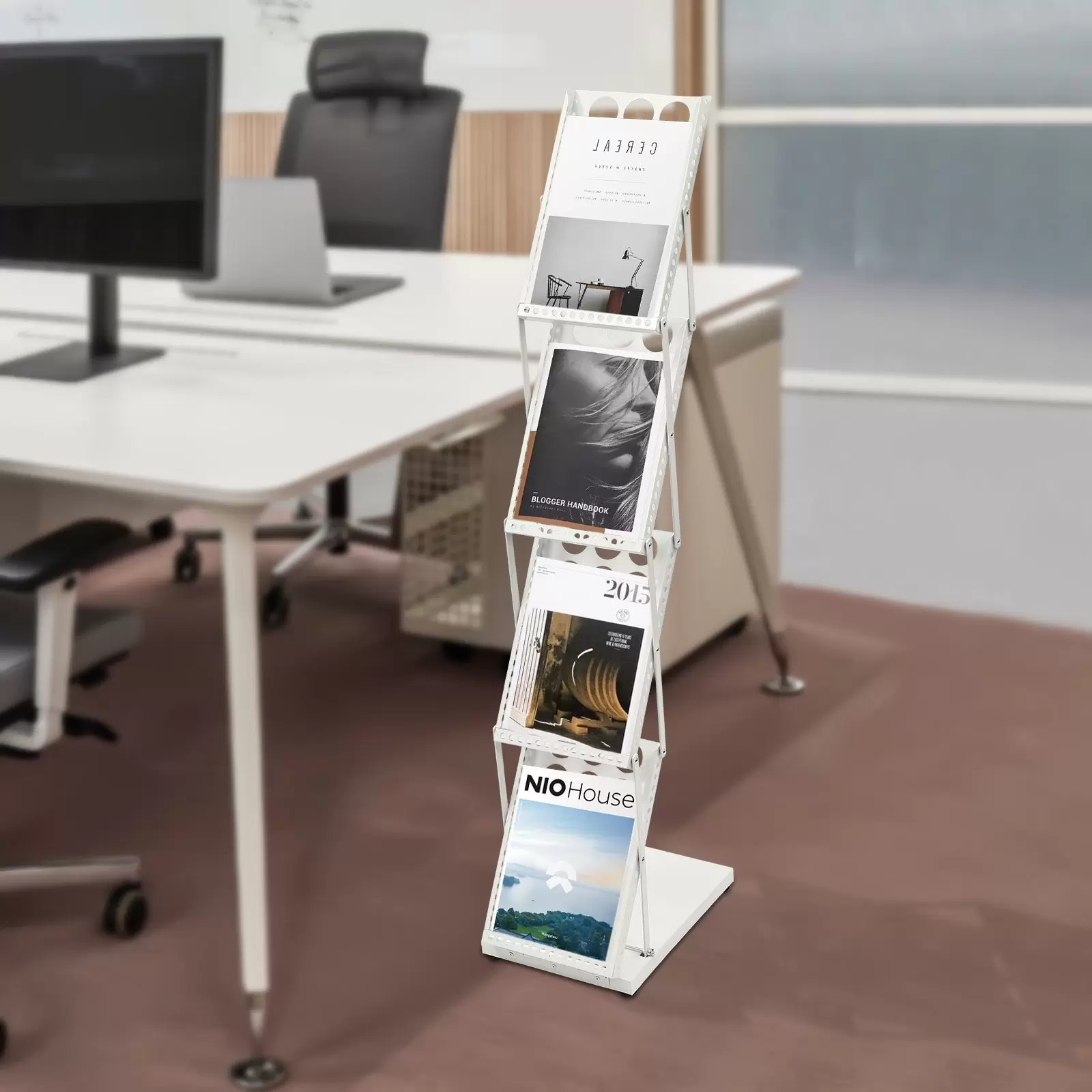 Foldable display & magazine rack with 4 pockets - for exhibitions and trade fairs, Portable A4 brochure holder Foldable display & magazine rack with 4 pockets - for exhibitions and trade fairs, Portable A4 brochure holder