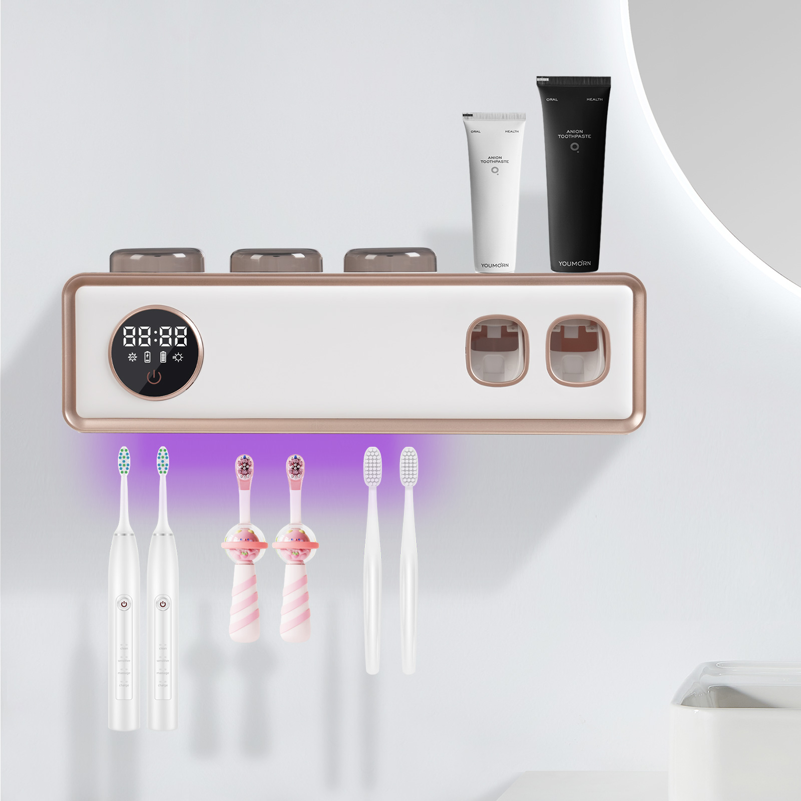 UV Toothbrush Holder, Automatic Toothpaste Dispenser for Wall Mounted Bathroom, 36.8*9.3*10cm, White
