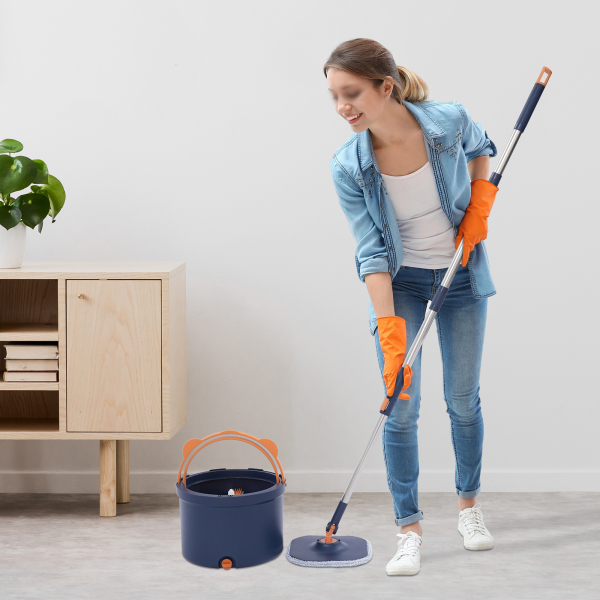 Spin Mop and Bucket, Spin Mop and Bucket Kit for Home, Spinning Mop Bucket Kit - Dark Blue