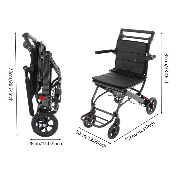 Black Foldable Transport Wheelchair, Portable Traveling Wheelchair, Folding Transport Wheelchair with Storage Bag