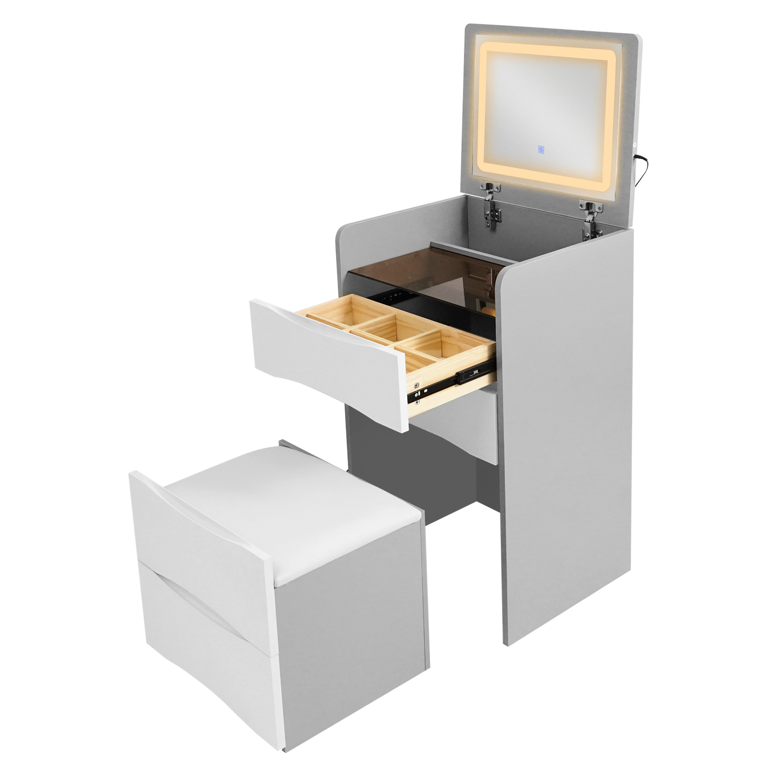 Flip-top dressing table 48cm with light makeup stool - gray Flip-top dressing table 48cm with light makeup stool - gray