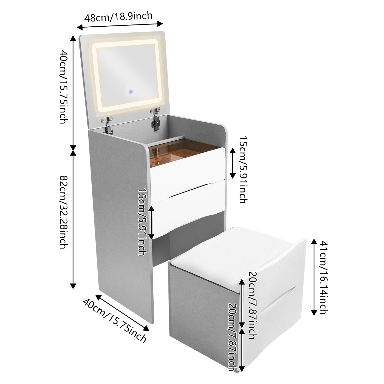 Flip-top dressing table 48cm with light makeup stool - gray Flip-top dressing table 48cm with light makeup stool - gray