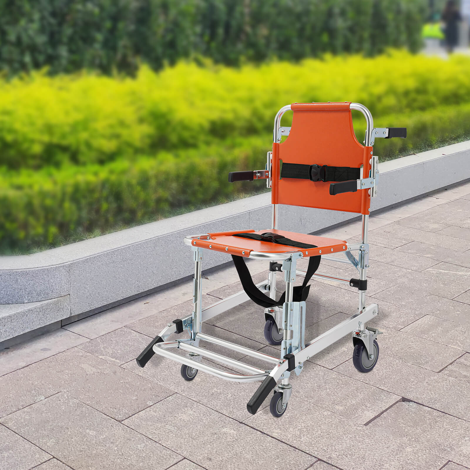Orange 4-Wheel Stair Chair with Footrest, Folding Evacuation Chair - 350 lbs Capacity, Aluminum Alloy Orange 4-Wheel Stair Chair with Footrest, Folding Evacuation Chair - 350 lbs Capacity, Aluminum Alloy